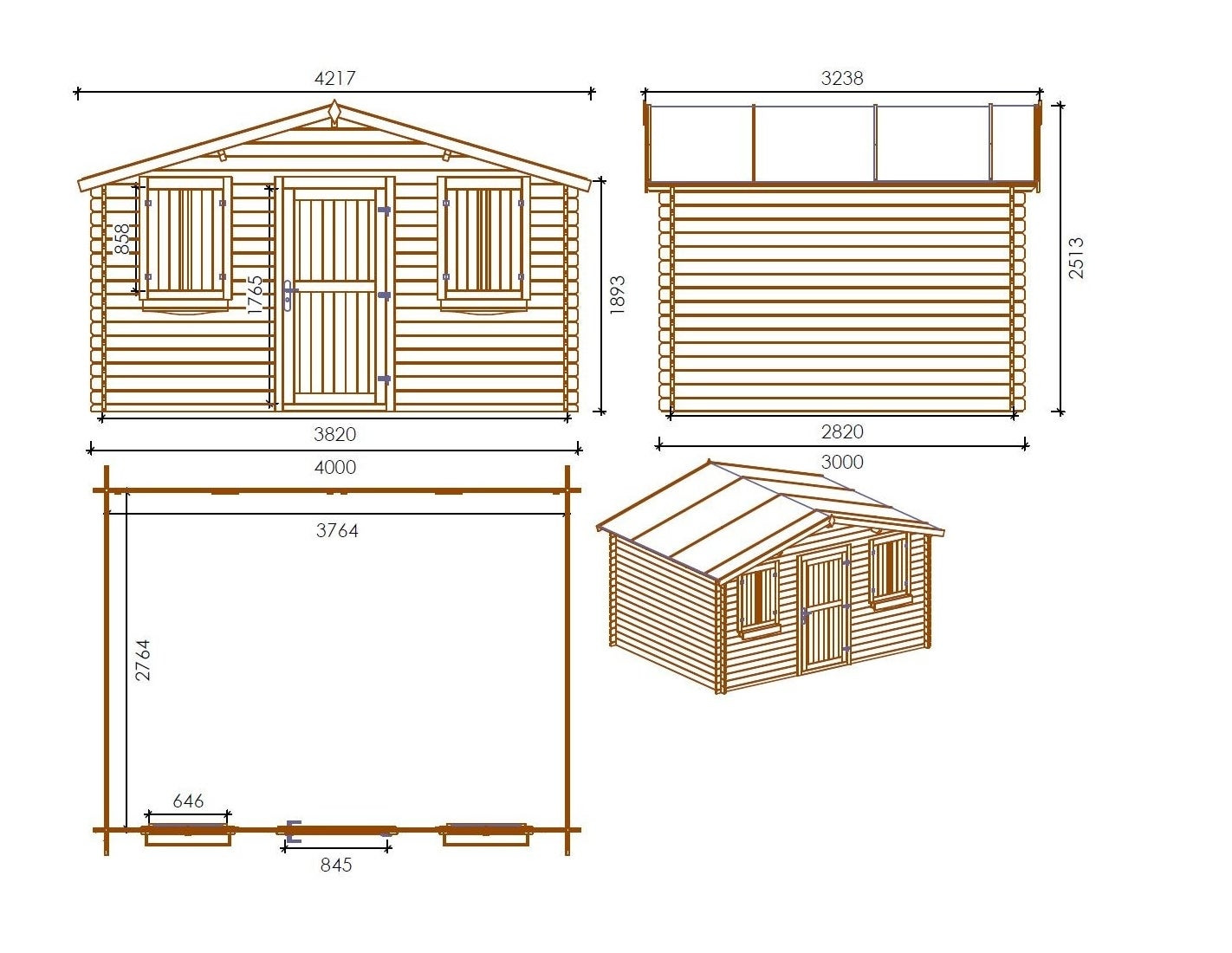 Abri de jardin en bois - 12m2 - 4x3m - Traité - Ep. 28mm - Couleur: marron - DOM418 - ALTANKA - 3