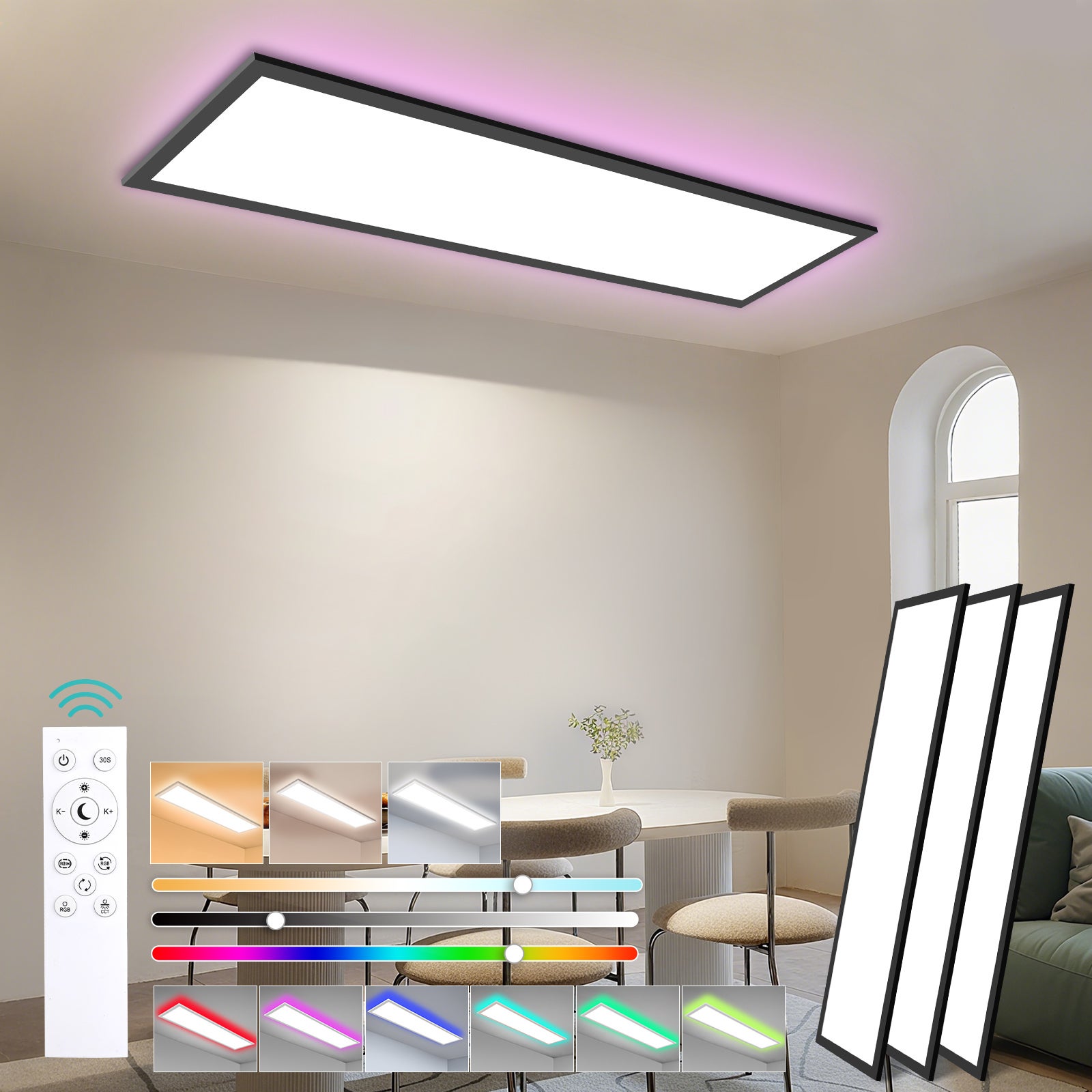 LOVHAUS 3PCS Lampa Sufitowa LED 36W Czarna RGB Płaska, Panel LED Prostokątny 120x30 cm, Nowoczesna Lampa Sufitowa Ściemniająca z Pilotem do Biura