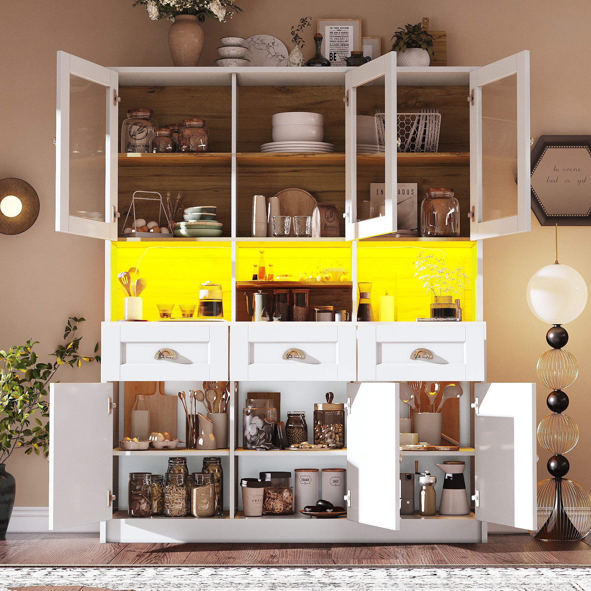 Buffet Haut de Cuisine avec Vitrine et Étagères Réglables, Meuble de Rangement MDF, 140 x 40 x 175 cm, Blanc - 2