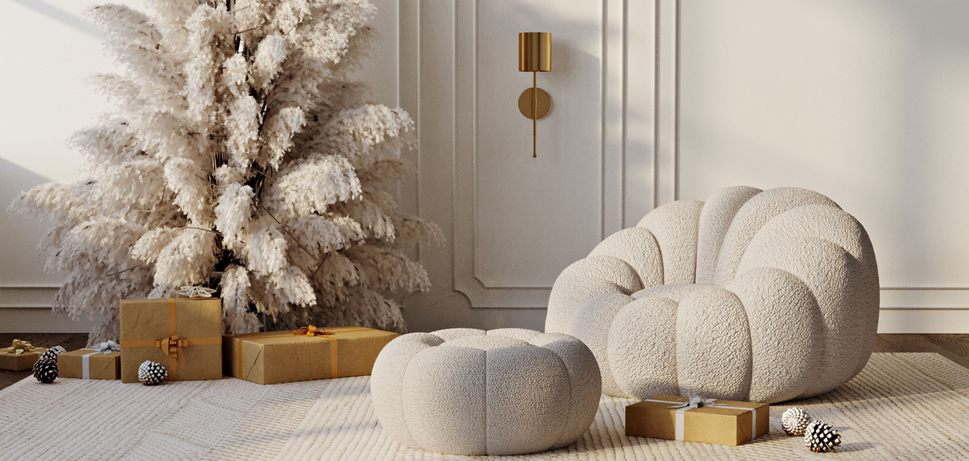 Fauteuil Pouf en bouclette fausse fourrure Tapissée - Boucles Blanches - Calera Blanc - 4