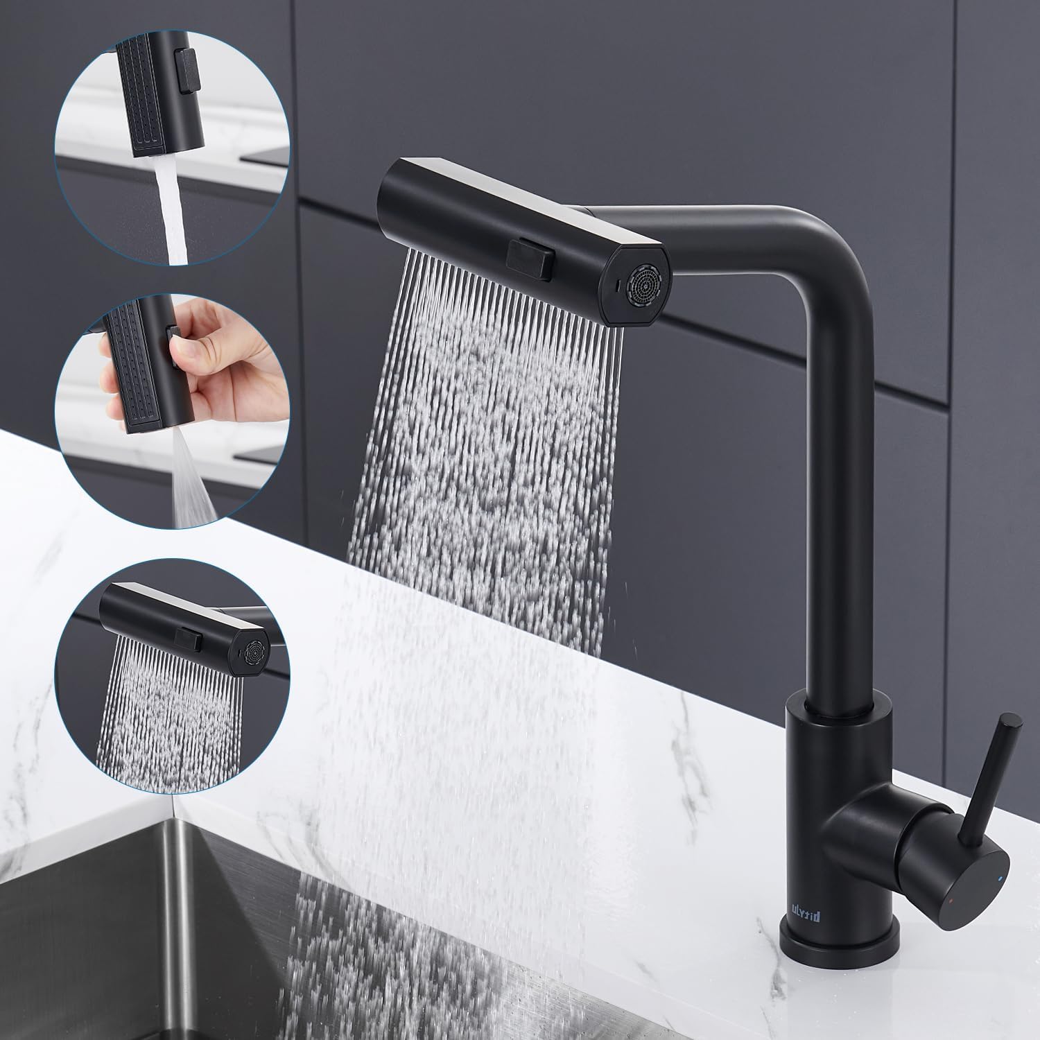 Czarna wodospadowa bateria kuchenna, bateria kuchenna z wyciąganą słuchawką prysznicową, 3 tryby regulacji, obrotowa bateria zlewozmywakowa 360