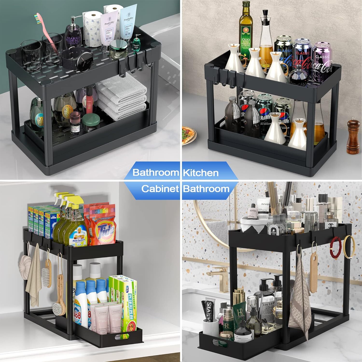 Rangement sous Évier - Organisateur sous Evier Tiroir Coulissant à Extraction - Rangement Et Organisation De Cuisine,Noir - 4