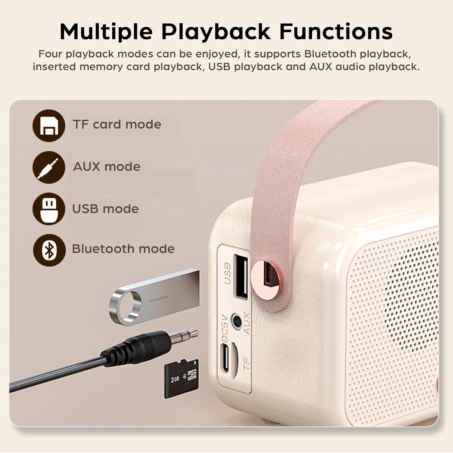 Enceinte Bluetooth portable sans fil avec réveil, volume élevé, prise en charge de la carte TF, disque USB et AUX (blanc cassé) - 4