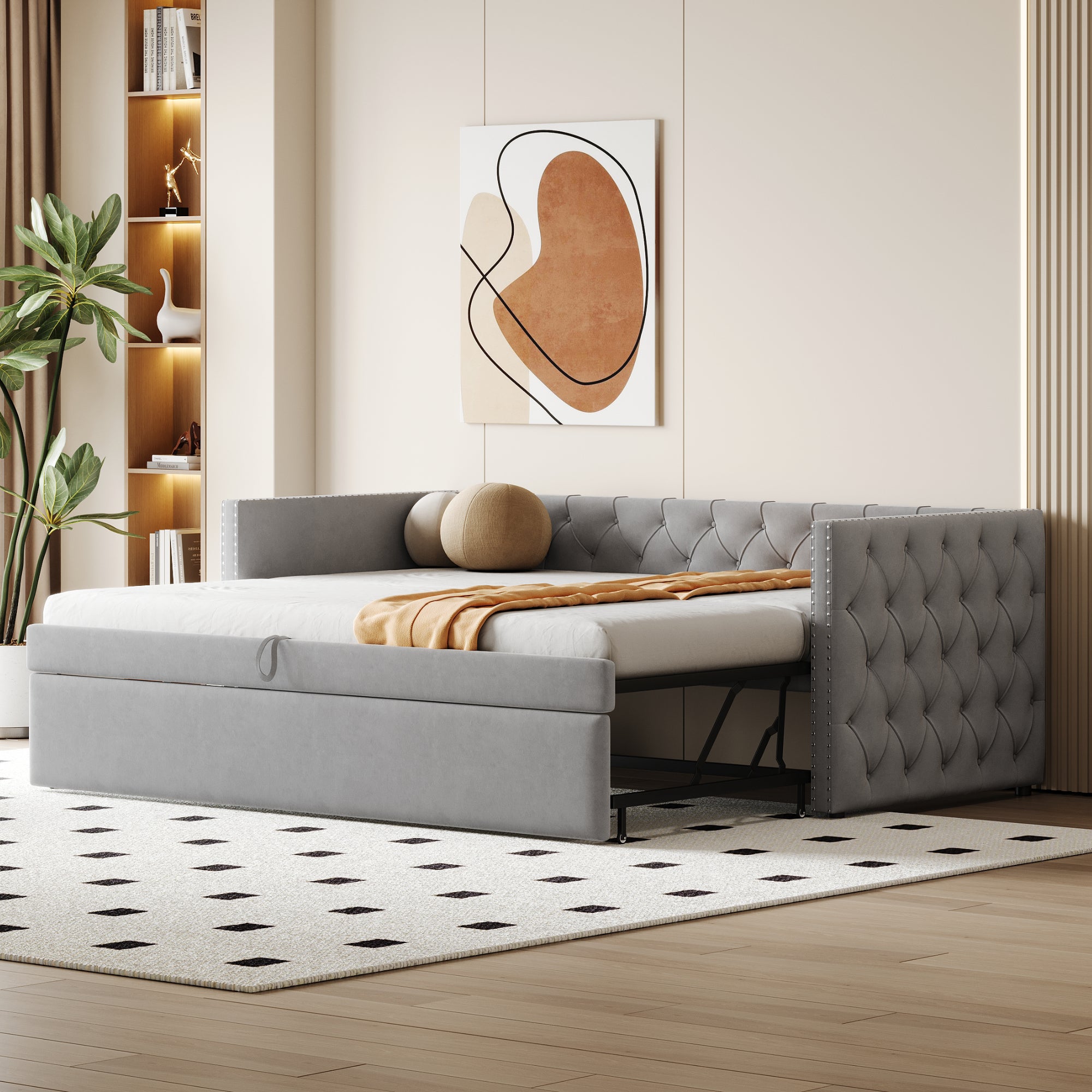 Łóżko wysuwane 90 x 200 cm z zagłówkiem 90 x 190 cm i stelażem z listew, sofa rozkładana - Aksamit - Jasnoszary (materac nie jest wliczony w cenę)