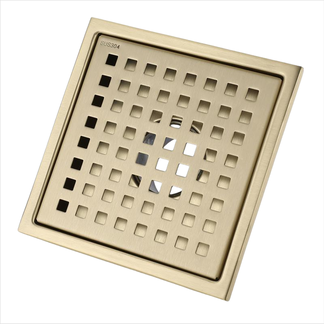 Cichy prysznic Kwadratowy złoty odpływ podłogowy ze stali nierdzewnej 15x15 cm z osłoną odpływu, mosiężny rdzeń dezodoryzujący, szczotkowane złoto
