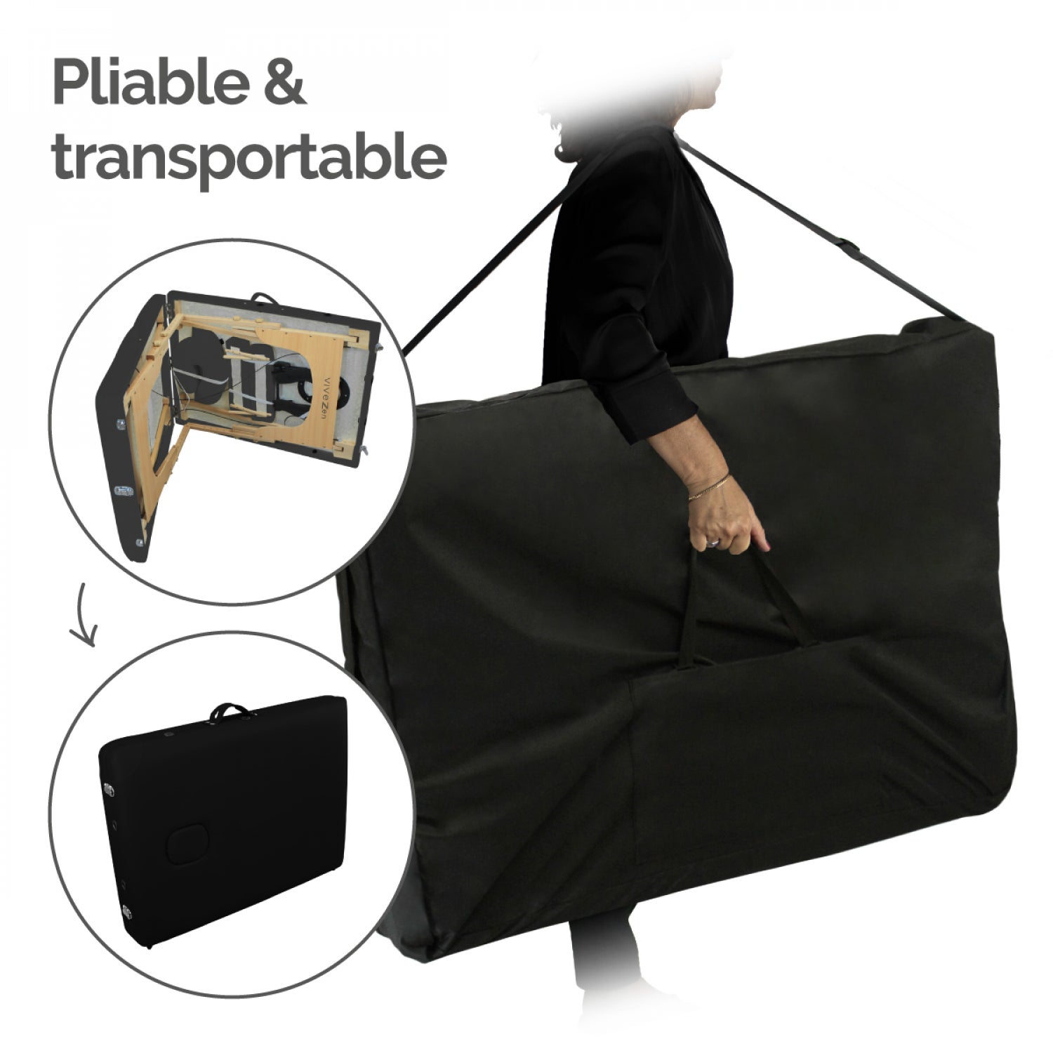 Table de massage pliante 2 zones en bois avec panneau Reiki + Accessoires et housse de transport - Noir - Vivezen - 5