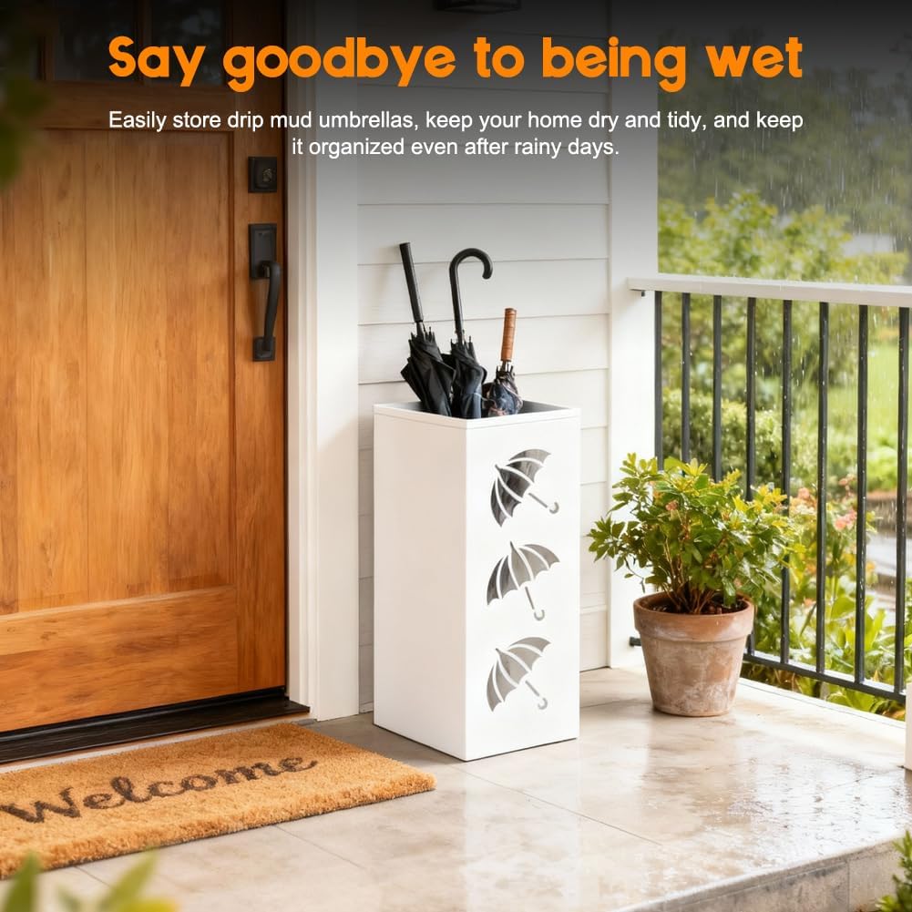Porte-parapluie, en métal, carré, étanche et antirouille, avec bac d'égouttement amovible pour la maison, le bureau, l'entrée (blanc) - 4