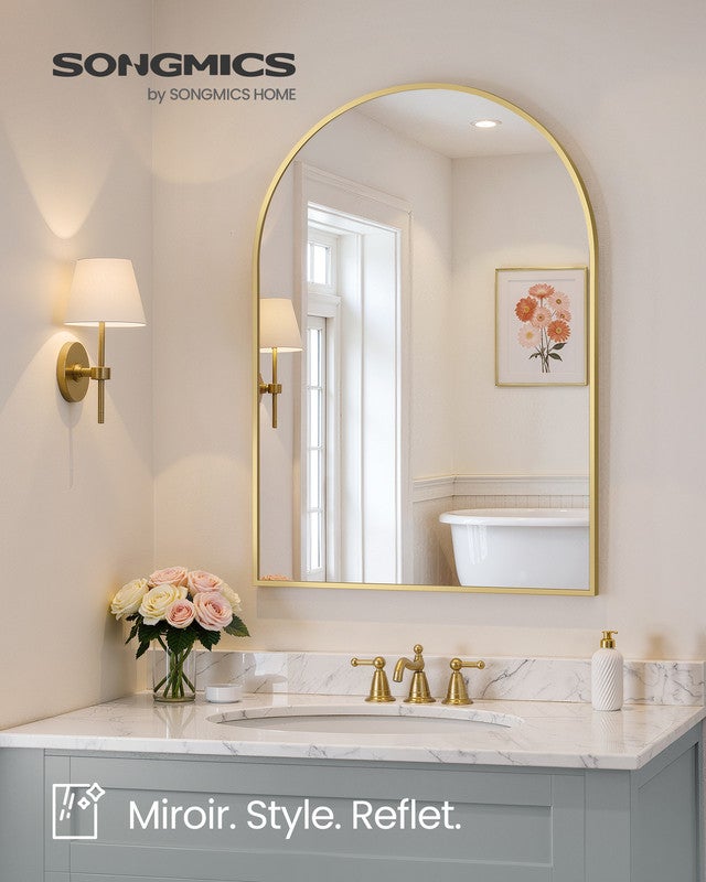 Miroir Salle de Bain, Miroir Mural Arqué, Cadre en Aluminium, 91 x 61 cm, avec Film de Sécurité, Montage Facile, pour Salon, Chambre, Doré Clair - 2