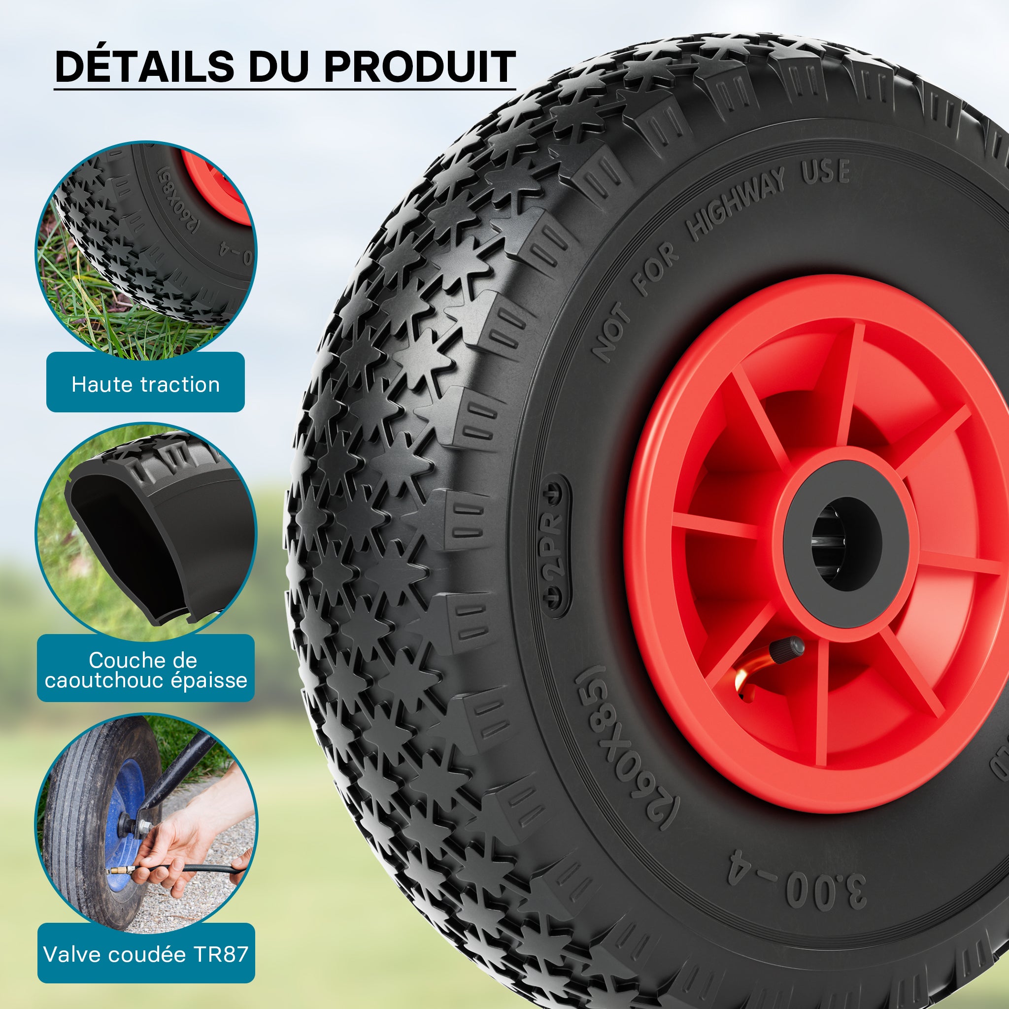 Wiltec Roue complète 3.00-4 pour Diable – 255 x 255 x 85 mm – Avec Chambre à air et Jante – Valve coudée TR87 – capacité de charge max. 90 kg – pou... - 3