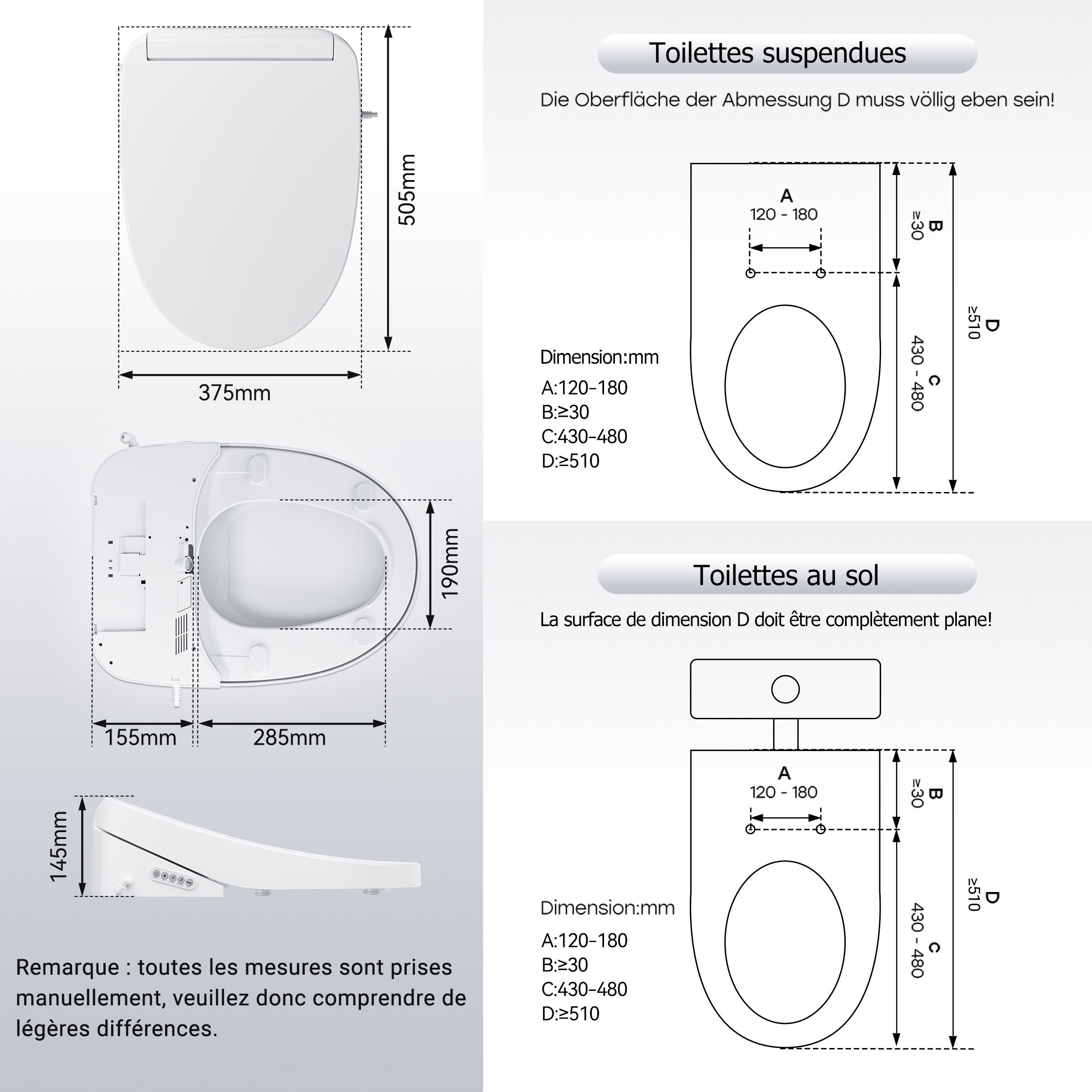 Siège de toilette intelligent, bidet électrique avec télécommande, veilleuse, chauffage du siège et séchage à l'air chaud HOROW - 7