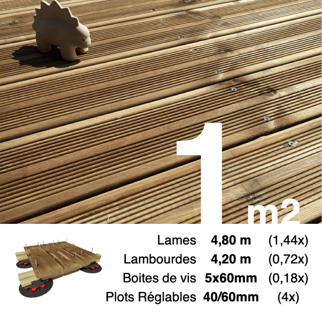 Kit complet terrasse Pin autoclave Marron pour 1 m² • Lames 4,8 m, lambourdes 4,2 m, plots réglables et visserie Inox