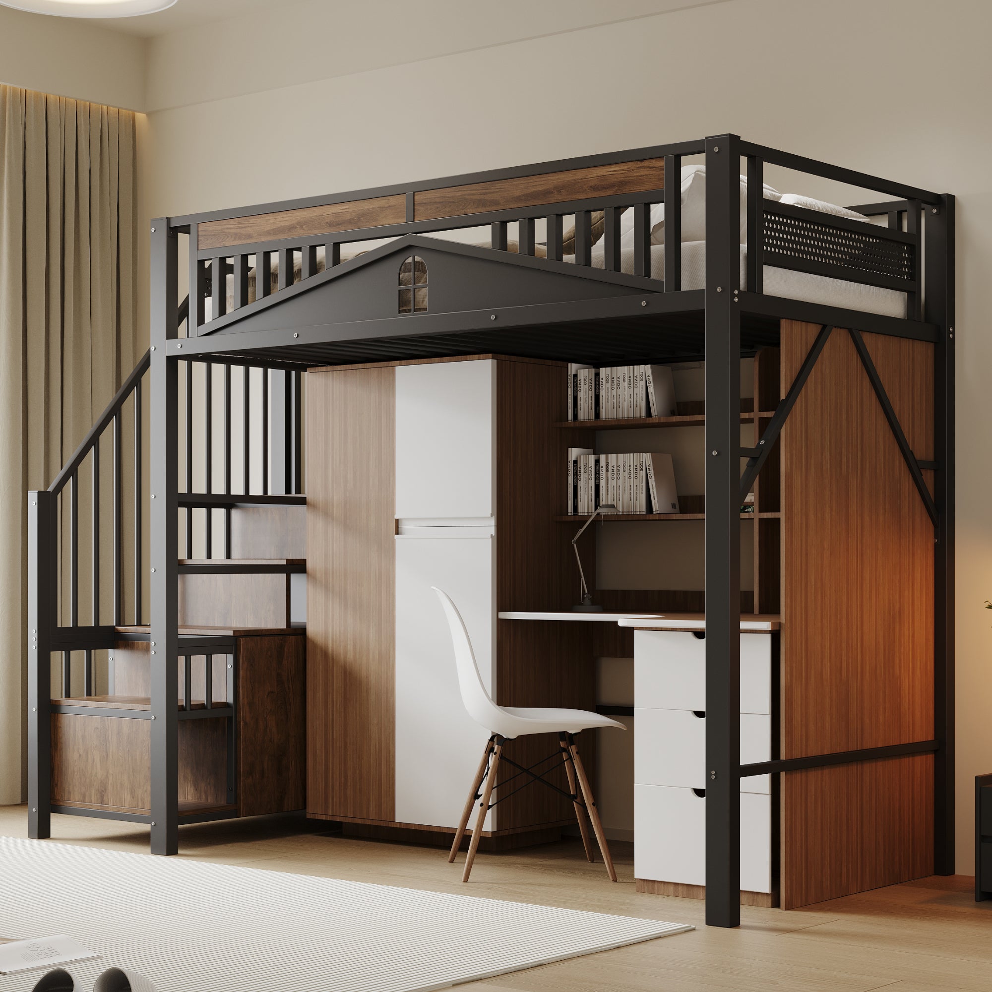 Lit mezzanine en métal 90 x 200 cm, enceinte de sécurité unique avec fenêtre, échelle de sécurité avec casier, noir - 3