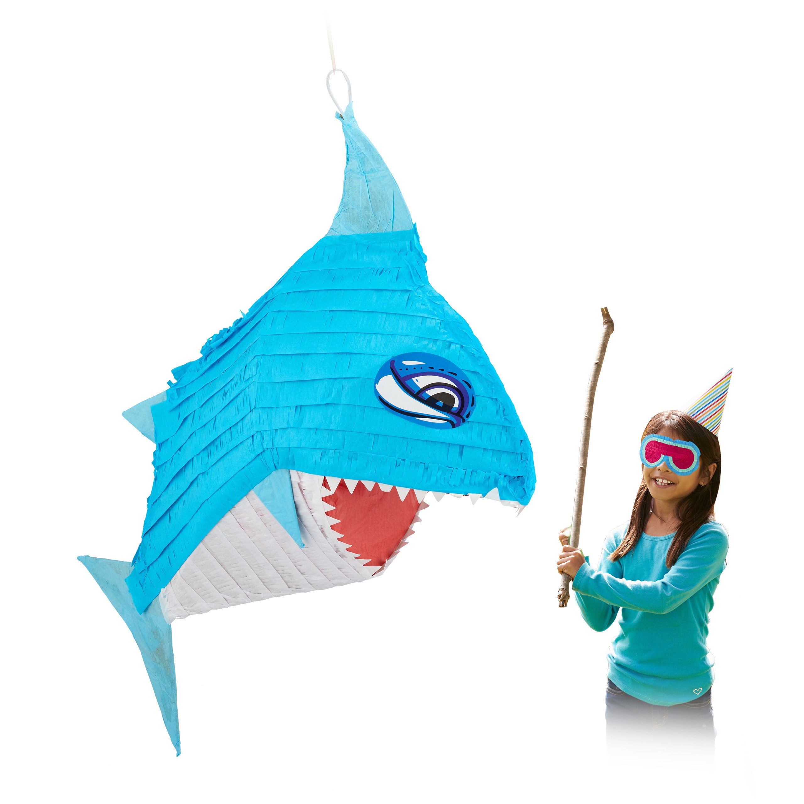 Relaxdays piñata tiburón, para colgar, fiestas cumpleaños niños y niñas, forma pez, rellenable, papel, azul y blanco