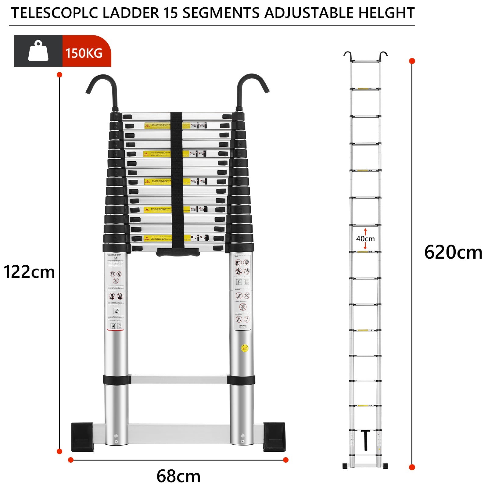 STANEW Échelle télescopique pliante en aluminium de 6,2 mètres avec crochet, capacité de charge maximale de 150 kg, stable - 2
