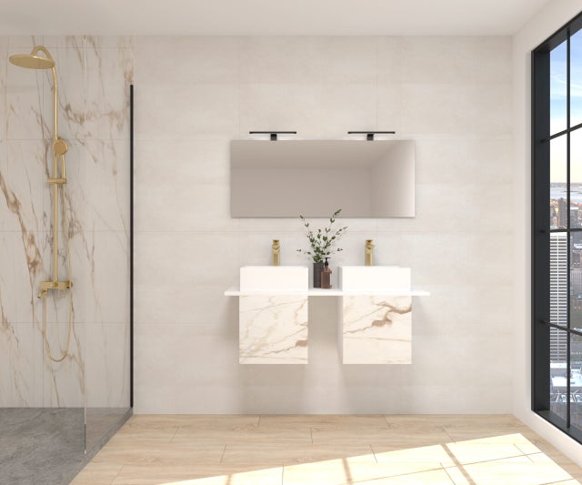 Conjunto de Móveis de Casa de Banho Emene CUBIQUE LUXE, Calacatta Gold - Branco Mate, 120 cm + lavatório duplo + espelho + luz LED