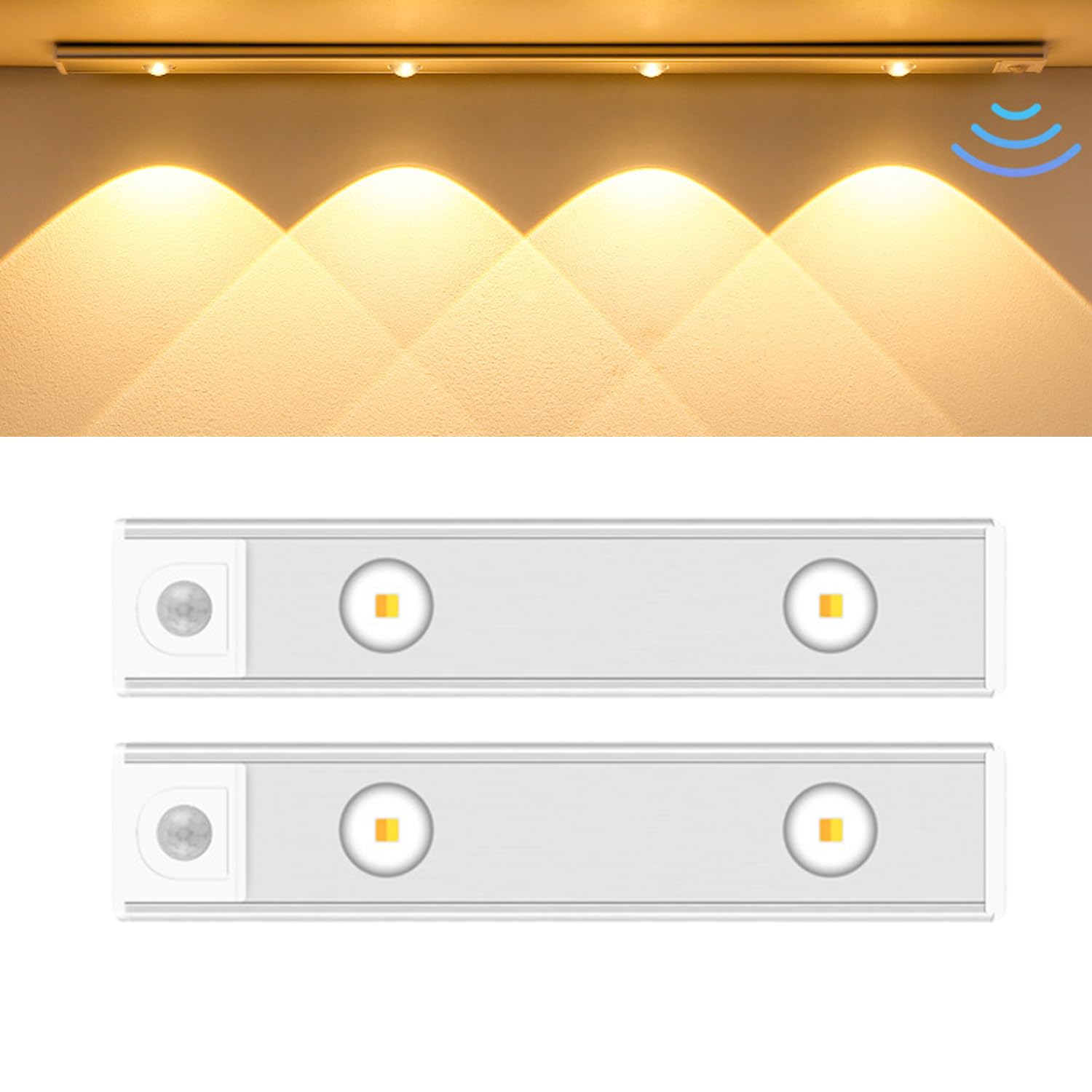 Zestaw 2 lamp LED do szafy, oświetlenie szafkowe podblatowe z czujnikiem ruchu, lampka nocna ładowana przez USB, biała, 30 cm