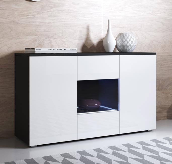 Aparador de salon con LED con patas 2cm 2 puertas 1 vitrina | Mueble de salon | 120x72x40cm | Modelo Luke A2 | Negro con Blanco brillo - 2
