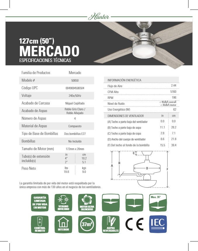 Ventilateur de plafond Mercado 127 cm avec éclairage et télécommande - 7