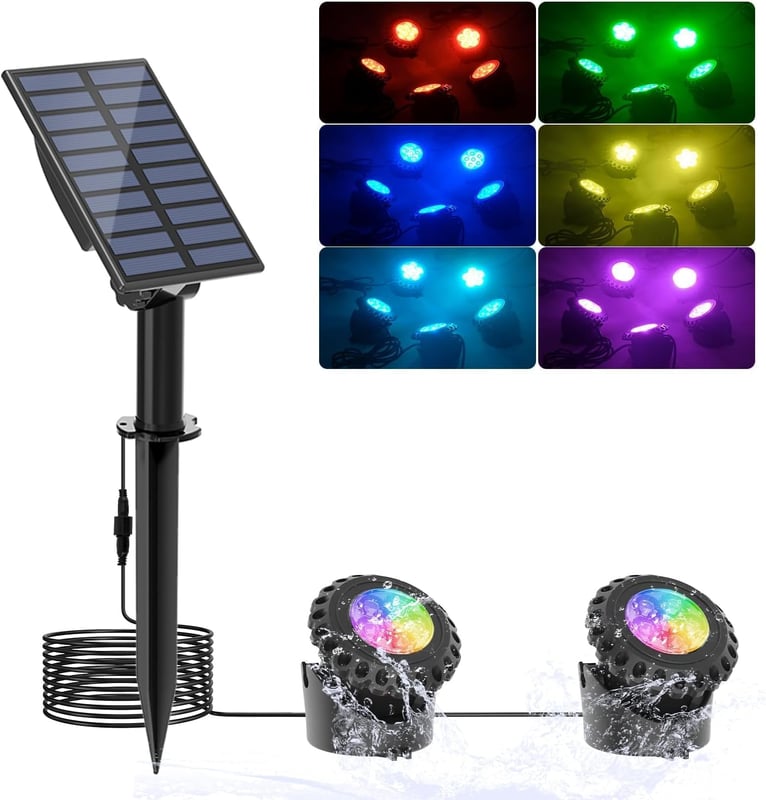 Zanurzalna lampa solarna LED, oświetlenie basenowe RGB, wodoodporna IP68, odpowiednia do akwarium, ogrodu, basenu, fontanny, stawu (2 w 1)