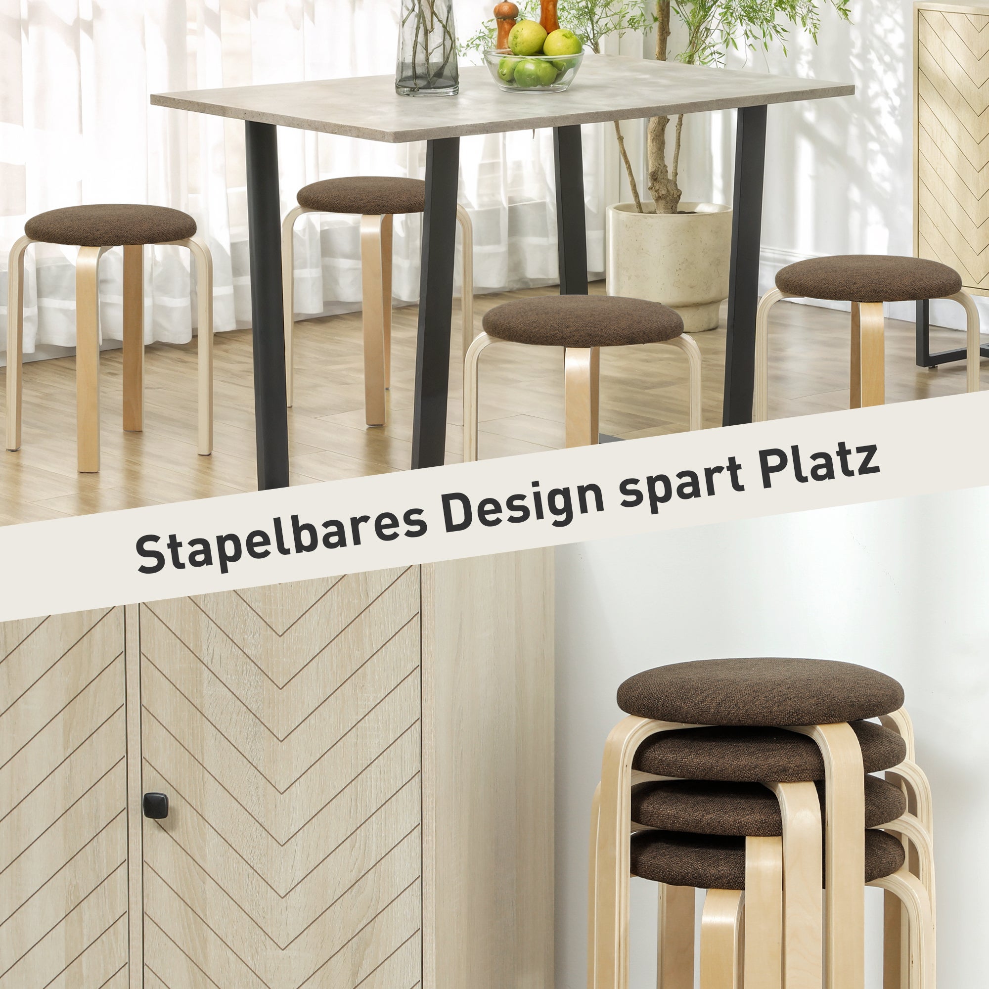 Tabouret rembourré dans un ensemble de 4 jambes empilables, laquée, pieds en bois, marron - 6