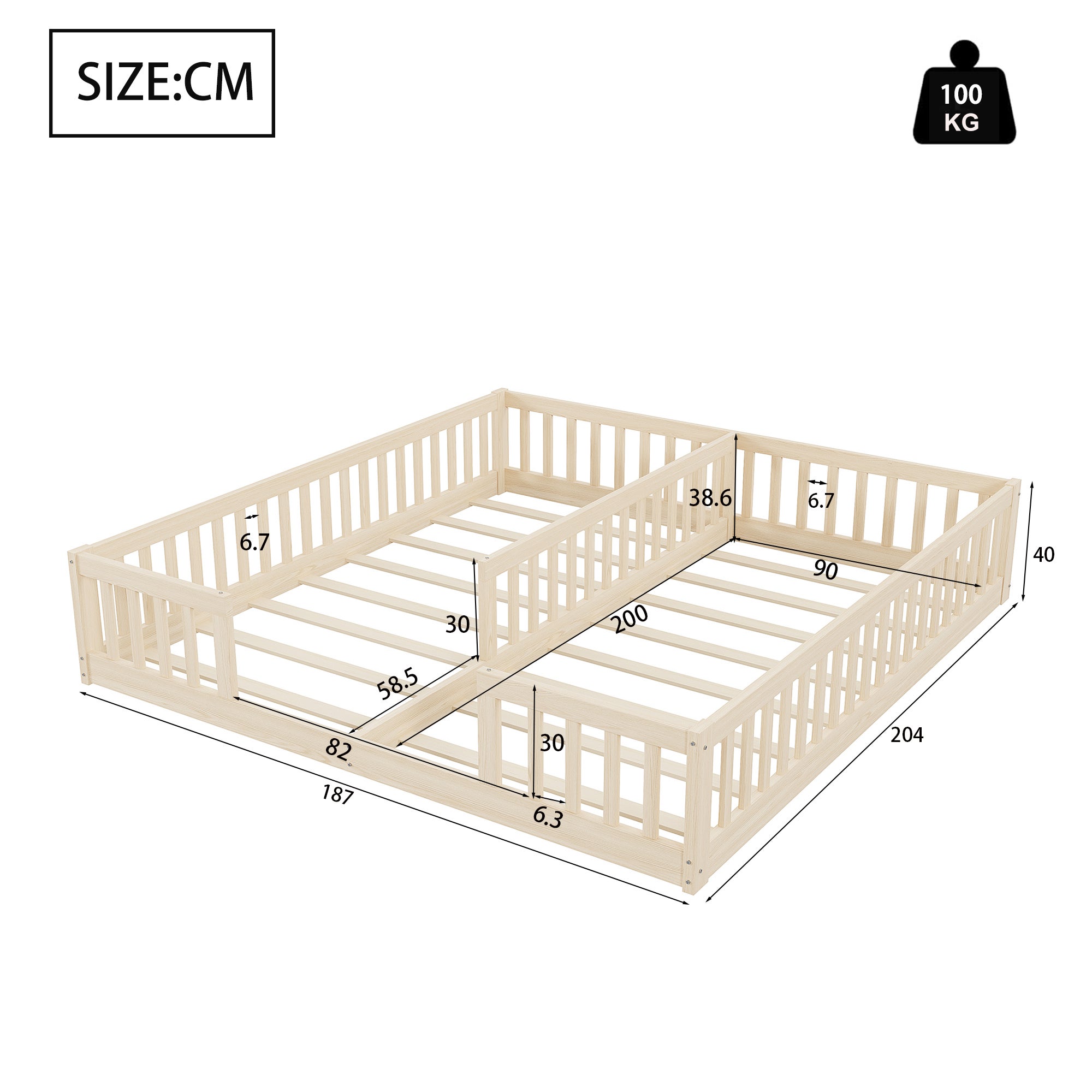 Montessori Lit de sol 90 x 200 cm avec barrières de sécurit, lit d'enfant 2 place, lit en bois avec sommier à lattes, Naturel (sans matelas) - 3