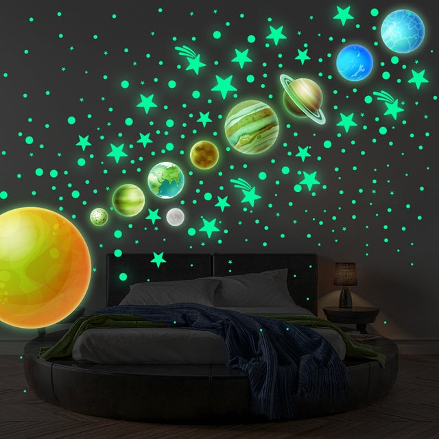 Autocollants Lumineux Planètes Étoiles Lumineuses Système Solaire Planètes Fluorescent Stickers Muraux Décoration de Plafond Autocollants pour Chambre