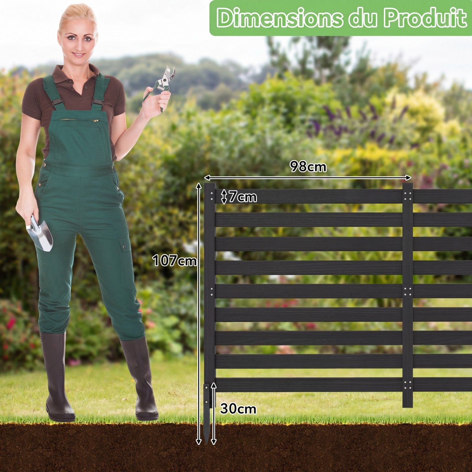 Clôture Jardin 2 Panneaux, Barriere Jardin à Lattes Modulable en Bois de Sapin avec Piquets, pour Poubelle, Climatiseur, 99x99x107CM, Noir - 3