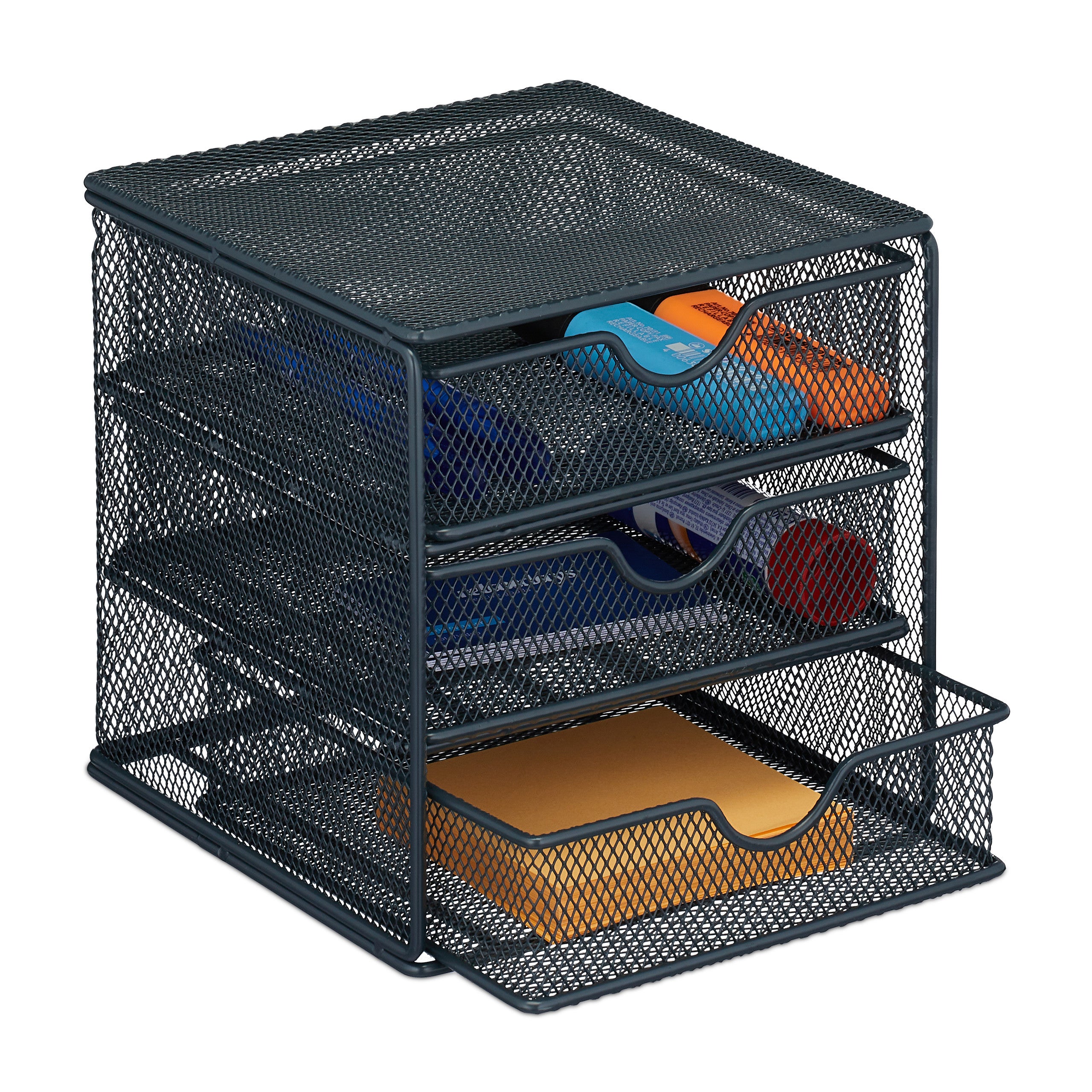 Organiseur Bureau 3 Tiroirs Métal Relaxdays - Range Stylos, Fournitures - Noir 17x16x17cm