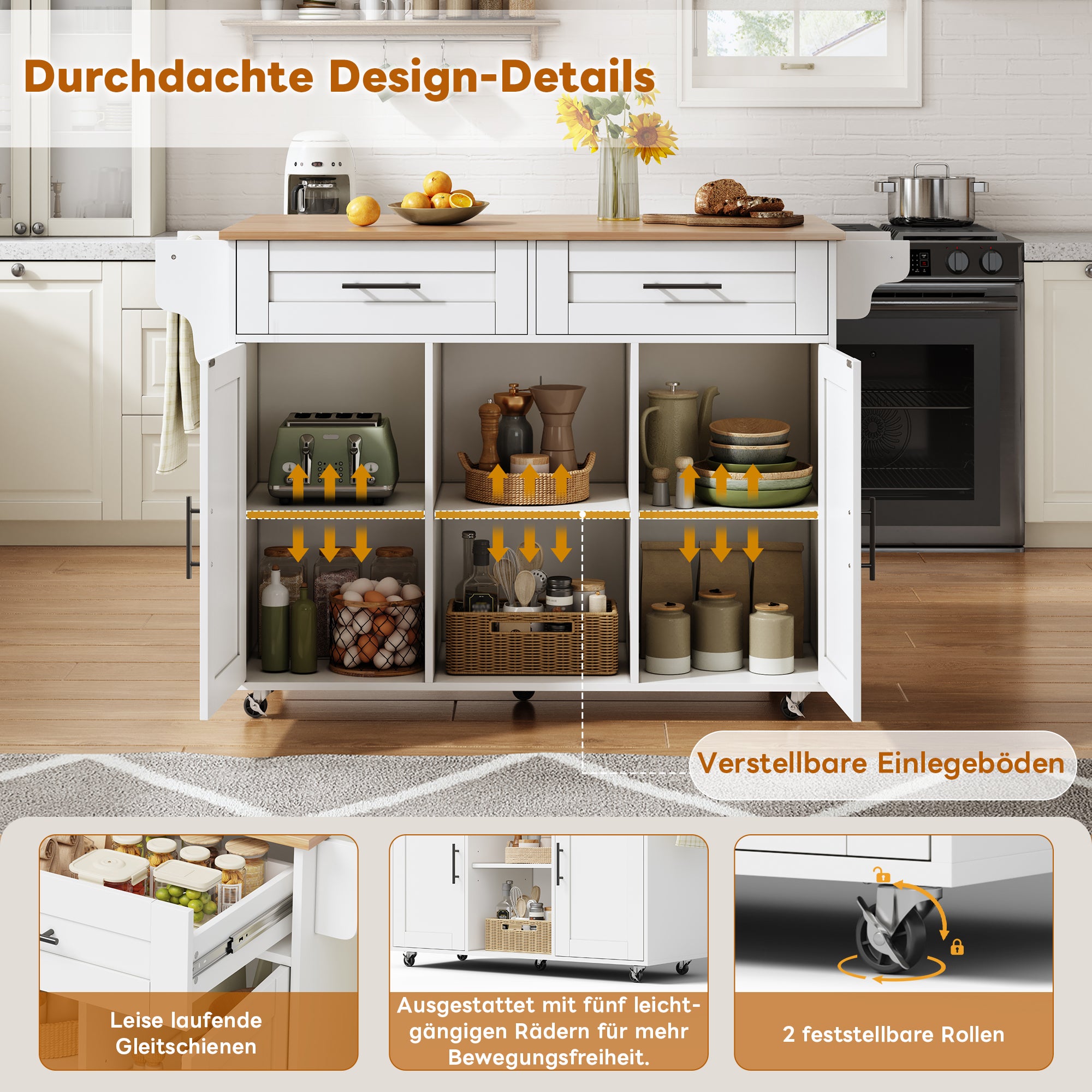 Ilot central de cuisine mobile 145 x 45 x 94,5 cm, Plateau extensible 70 cm,&nbsp;chariot multifonction avec 2 tiroir et 2 porte, porte-serviettes, Blanc - 2