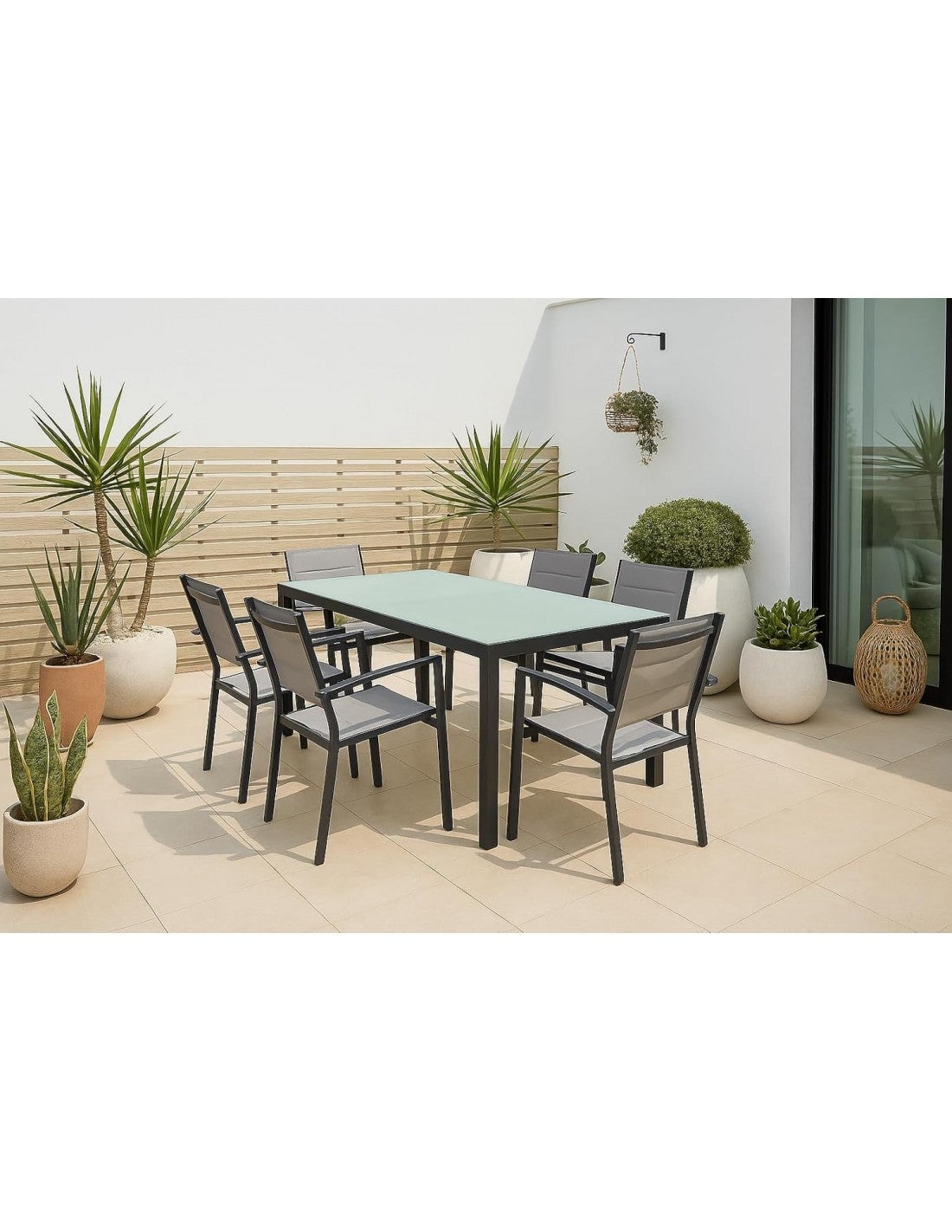Conjunto de Mesa y Sillas de Jardín Gris para 6 Personas — Aluminio y Cristal Templado de 150 x 90 cm para Exterior - 2