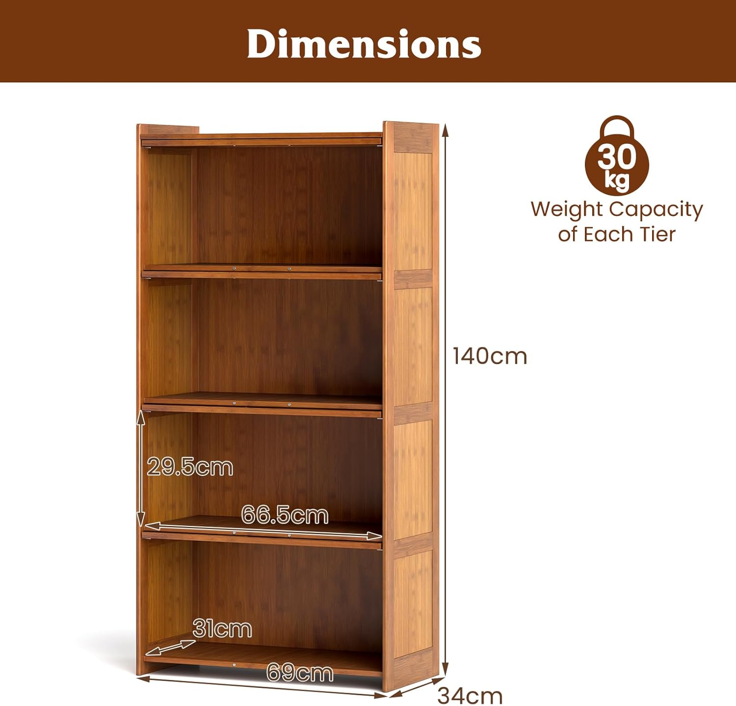 Bibliothèque à 4 Niveaux avec Portes, Étagère en Bambou de 140 cm avec Portes en Acrylique Transparent, pour Bureau, Salon, Chambre (Marron) - 3