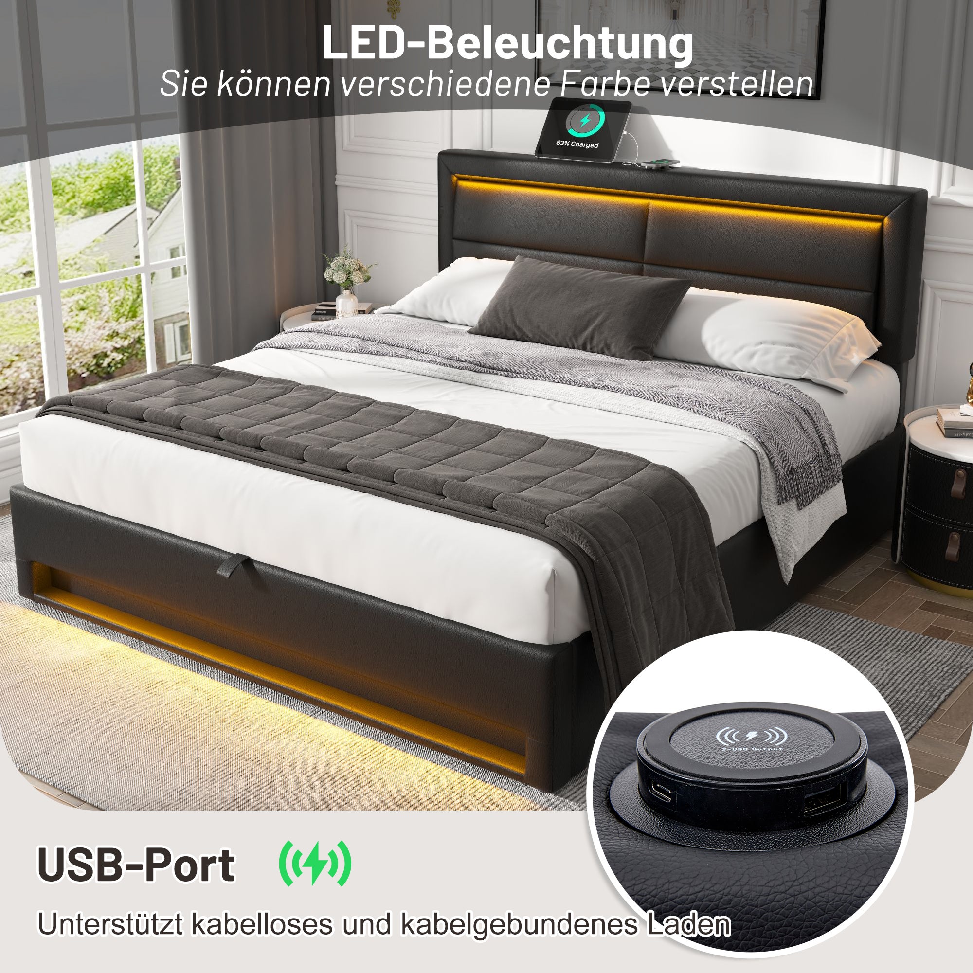 Lit coffre 140x190 cm,lit rembourré -port usb+éclairage led+ grand espace rangement - sans matelas-noir - 3