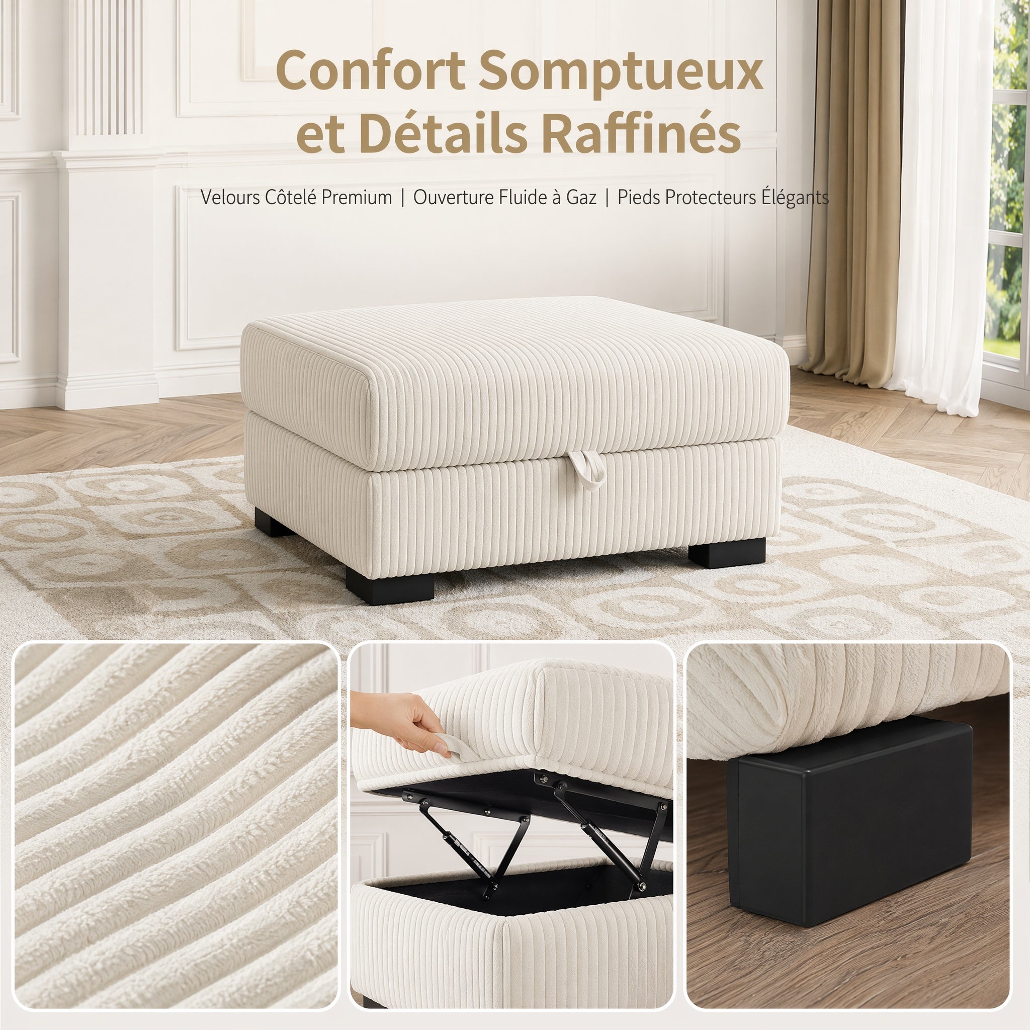 Repose-pieds rectangulaire 88 x 69 x 45 cm - Ottoman de salon modulable - Avec coffre de rangement intégré 88 x 69 x 45 cm - Velours côtelé - Beige - 2