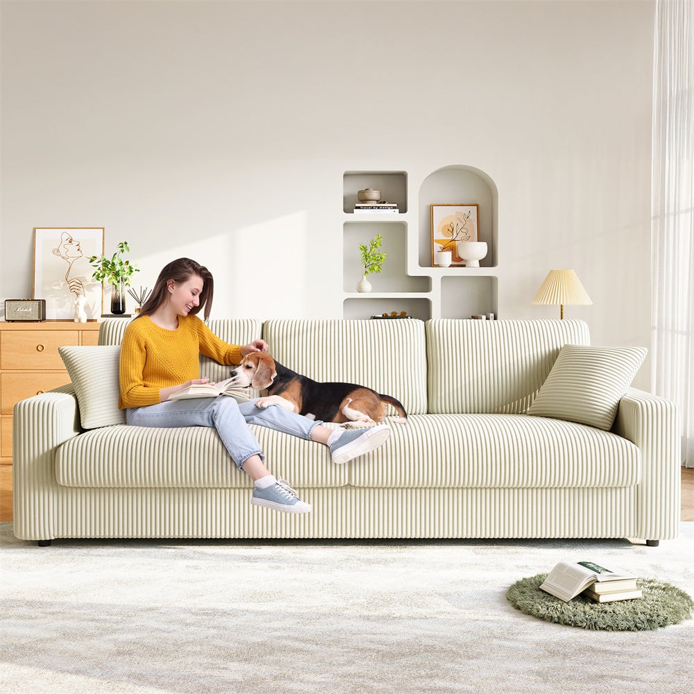 Grand Canapé 3/4 Places en Velours Côtelé Beige avec 2 accoudoirs et Oreillers,Canapé Moderne pour salon,254×89×88cm - 4