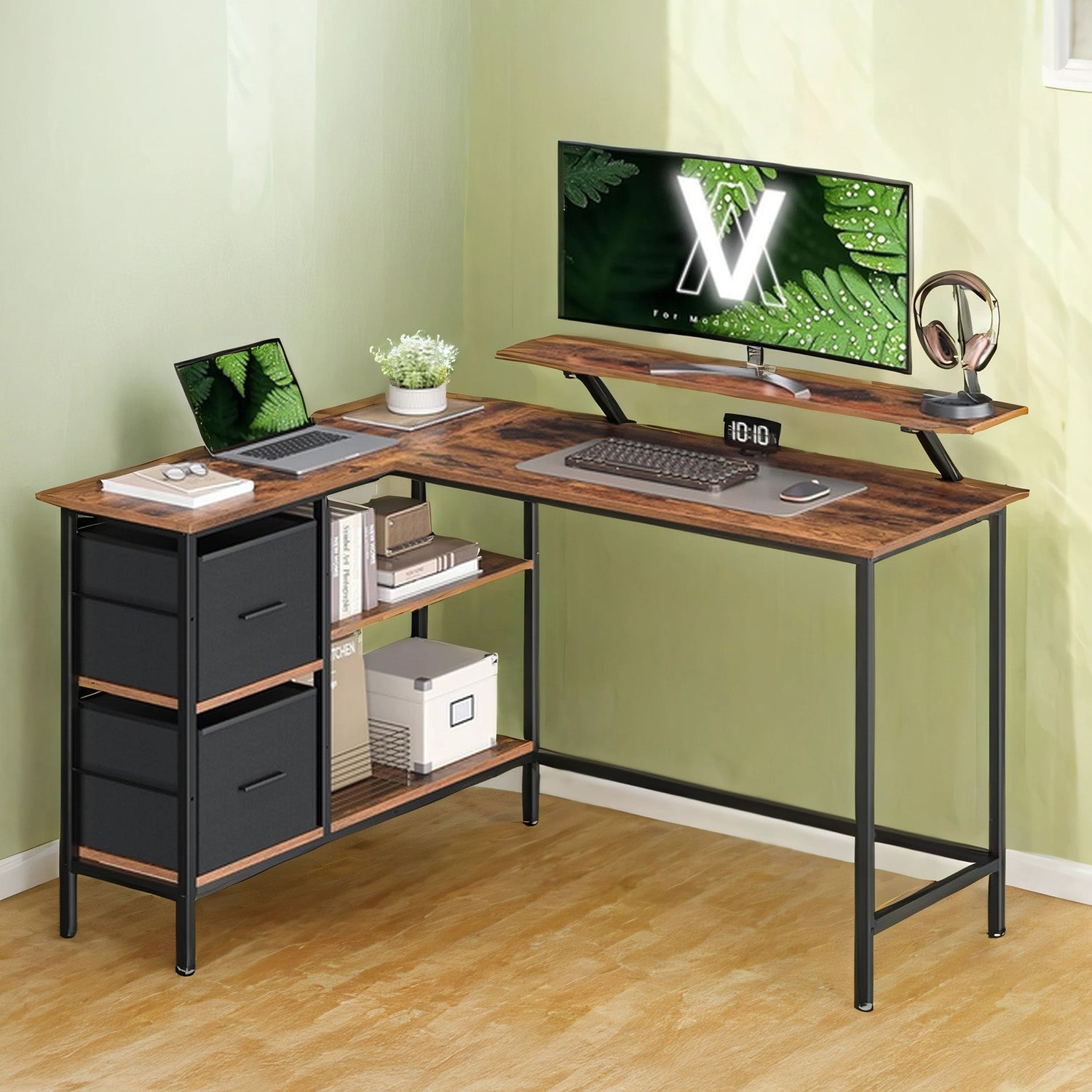 VASAGLE Bureau En L Avec 2 Tiroirs - Bureau Gaming D'Angle Marron Rustique LWD098B01 VASAGLE Bureau En L Avec 2 Tiroirs - Bureau Gaming D'Angle Marron Rustique LWD098B01