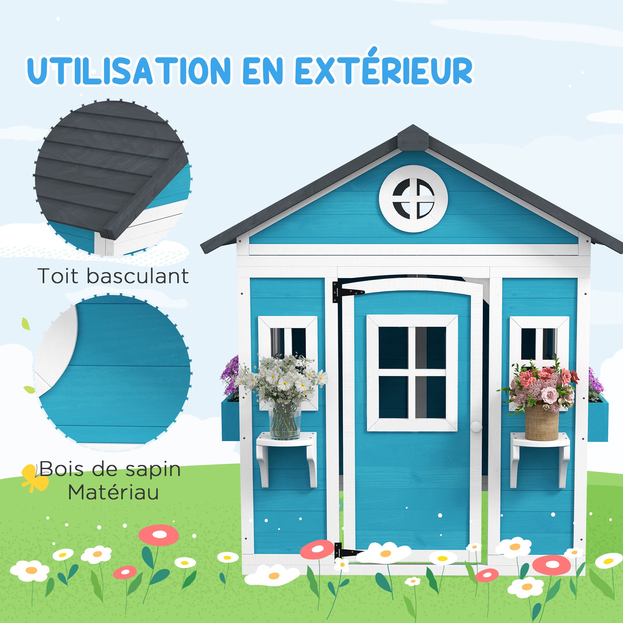 Cabane enfant extérieur maison enfant extérieure avec porte fenêtres et jardinières 114 x 126,4 x 135 cm bleu pour la maison - 7