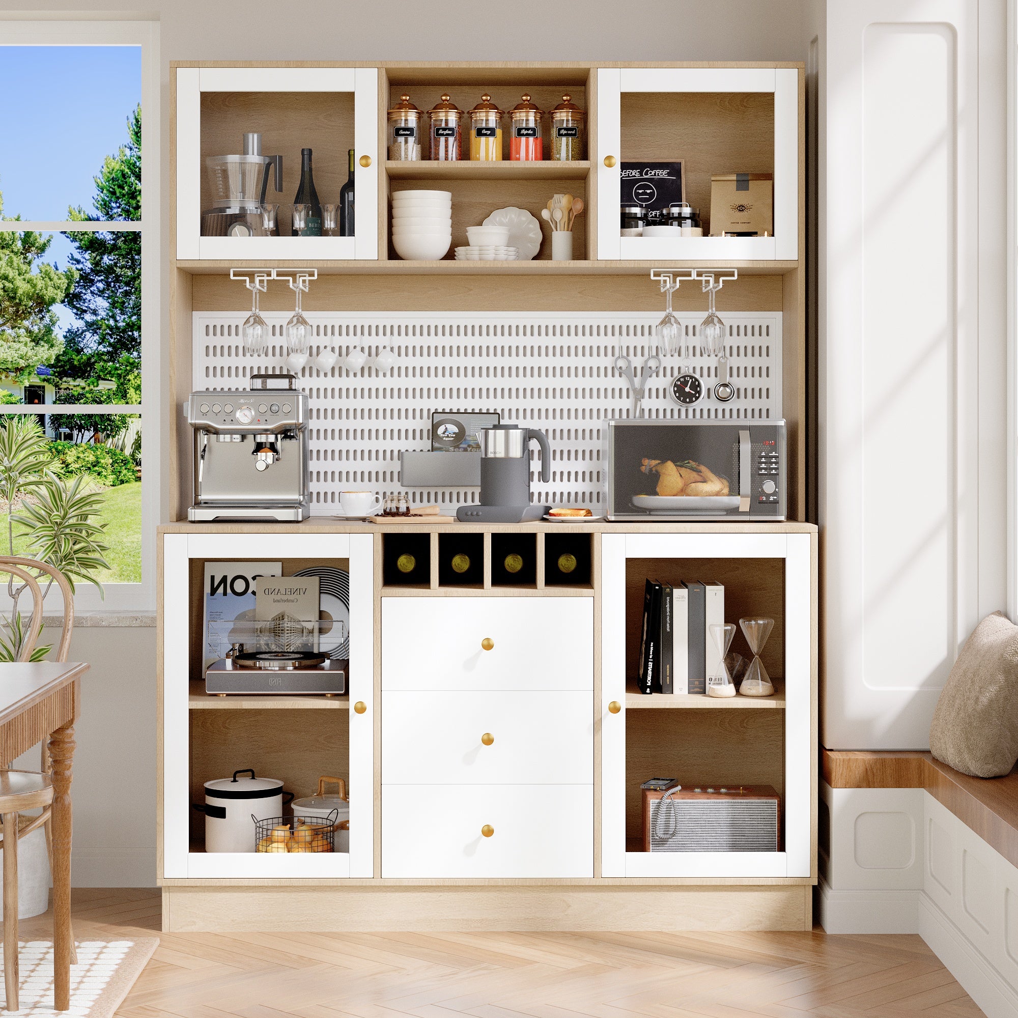 Buffet haute de cuisine avec lumières LED etporte-verres à vin,Armoire haute de cuisine moderne 140×40×185.7cm,Avec tiroir et étagère réglable,Blanc - 6