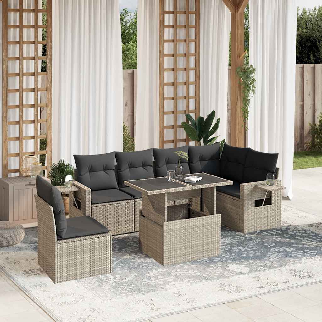 Set de sofás de jardín 7 pzas con cojines ratán pe gris claro