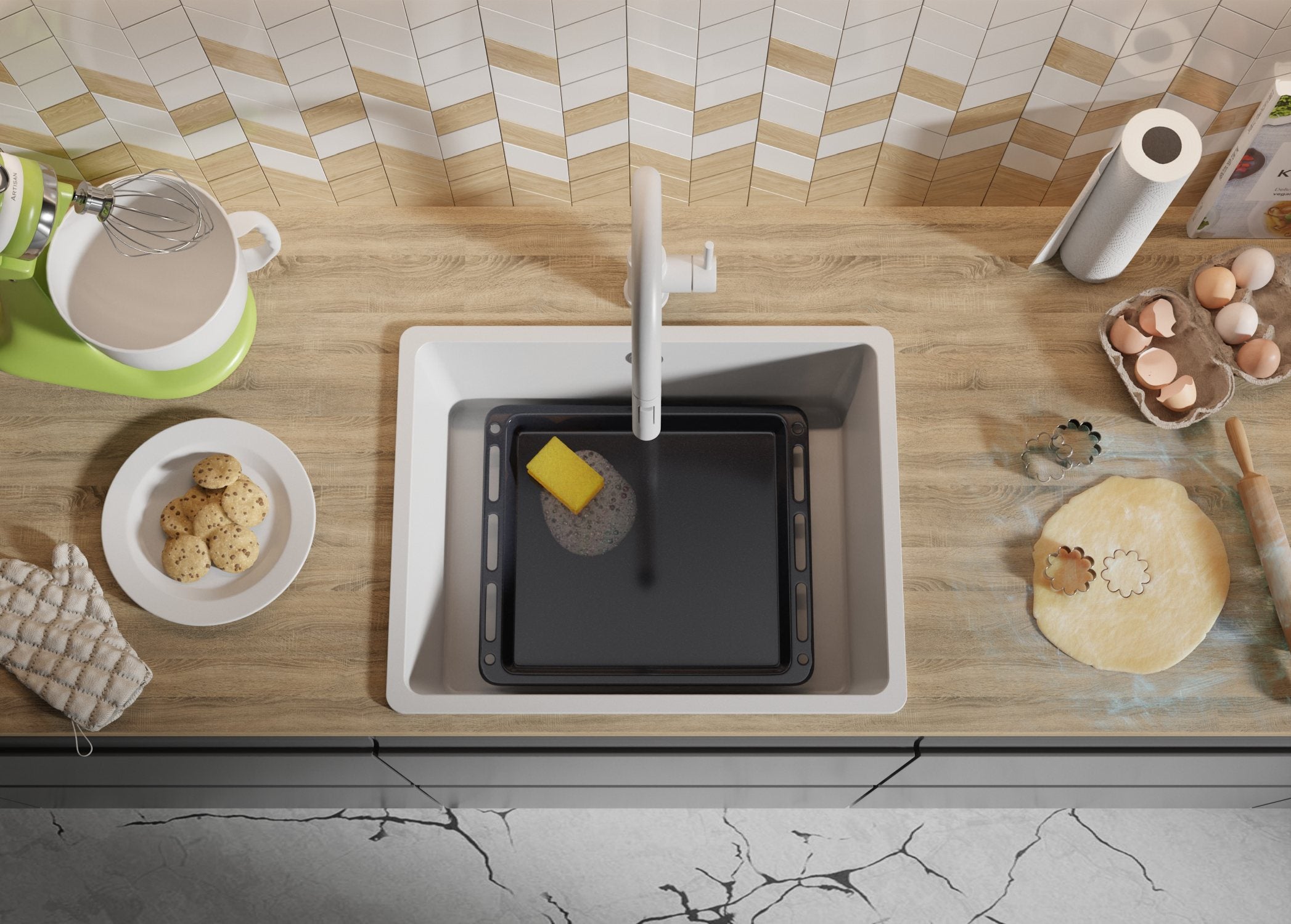 Lavello da Cucina Bianco 56x44cm, Lavandino in Granito a 1 vasca + Sifone Classico + Accessori, Lavabo da Cucina Incasso al mobile 60cm PRIMAGRAN - 8