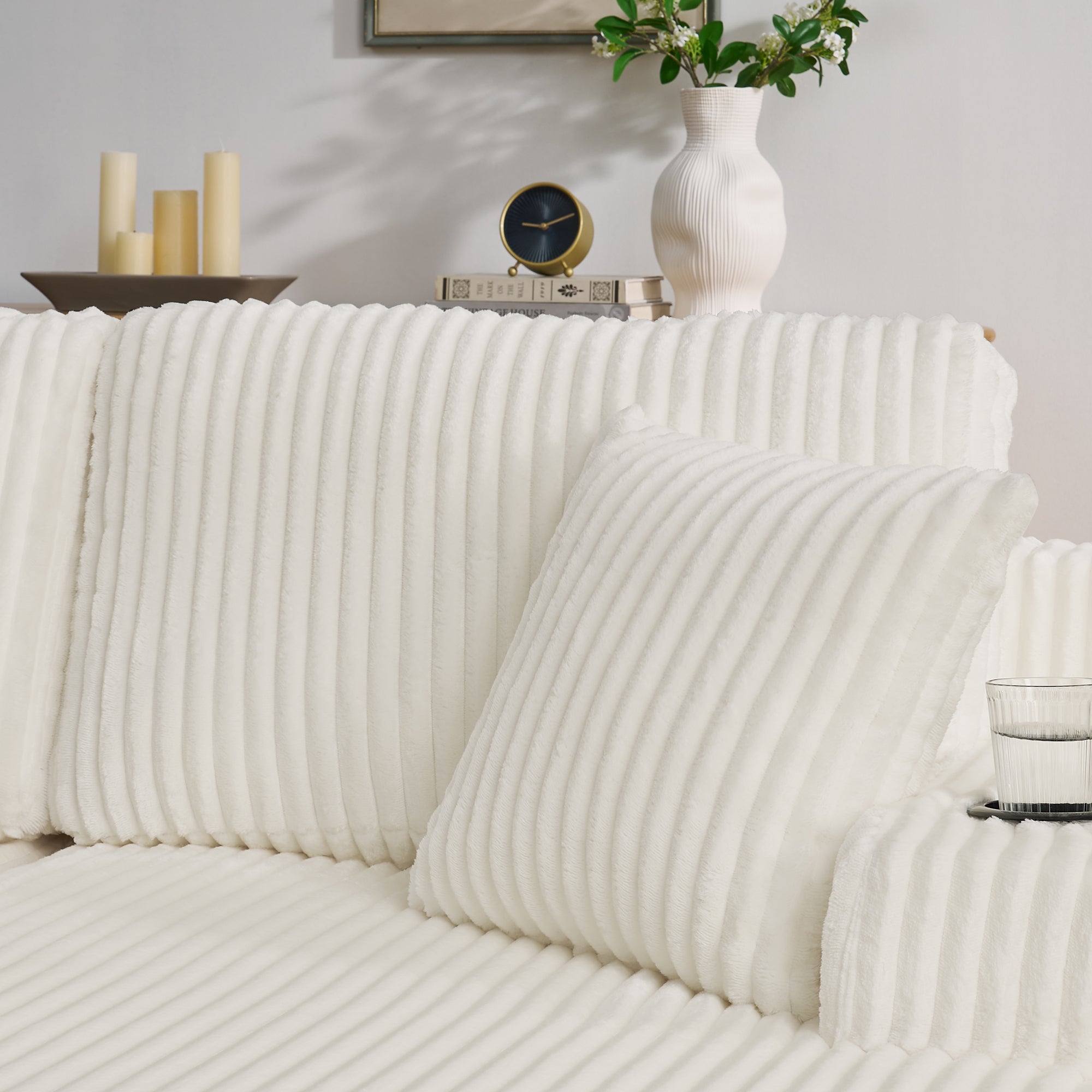 Canapé convertible 2 places avec fonction relax, Canapé tissu velours côtelé doux avec poche latérale porte gobelet coussins confortable, beige - 3