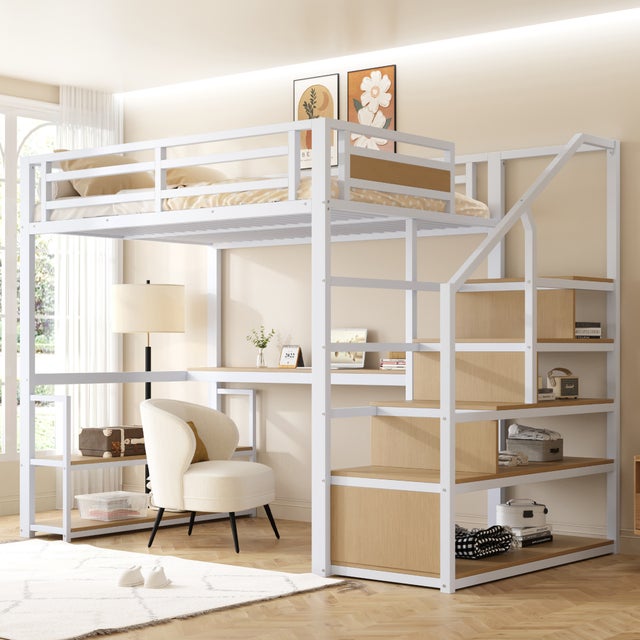 Lit mezzanine 140 x 200 cm avec bureau et étagères de rangement - MDF + métal - Sommier à lattes - Blanc (sans matelas)
