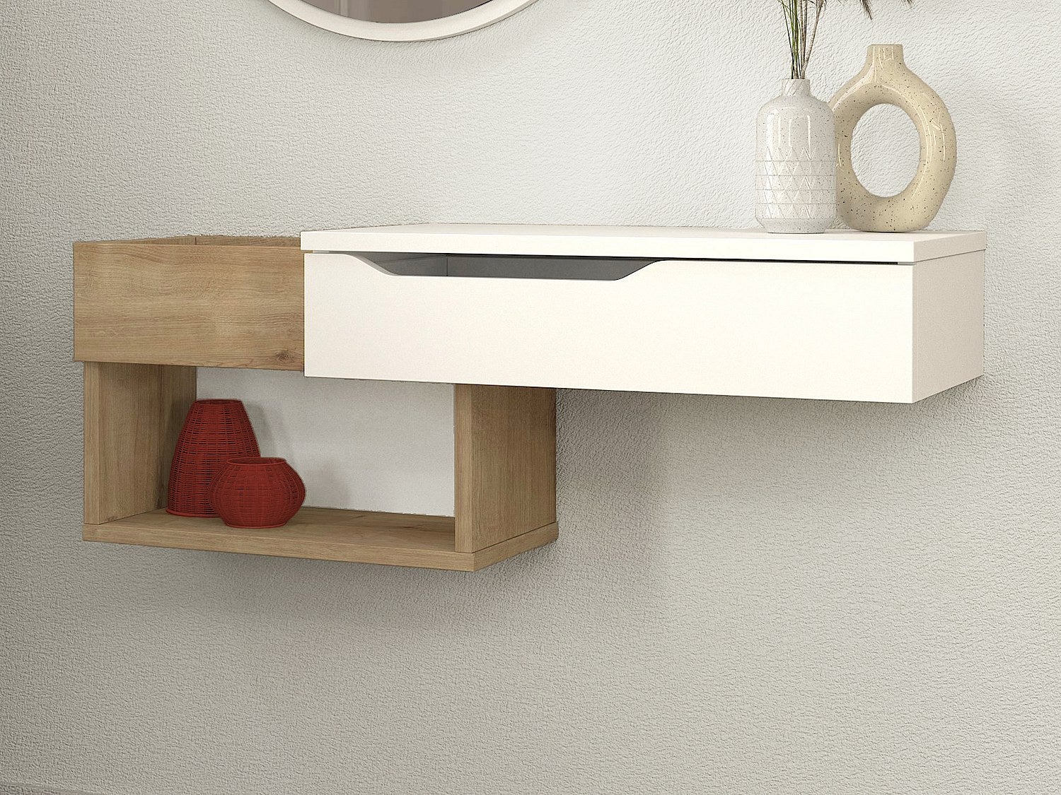 Konsola wisząca z 1 szufladą i z 2 wnękami - Naturalny i biały - DAREKA