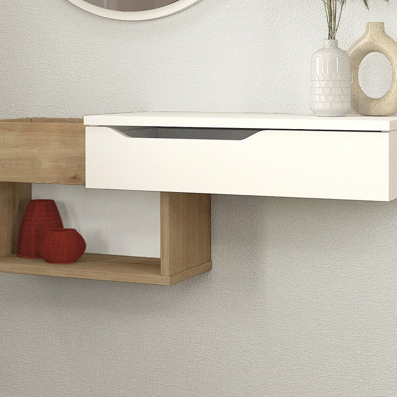 Konsola wisząca z 1 szufladą i z 2 wnękami - Naturalny i biały - DAREKA