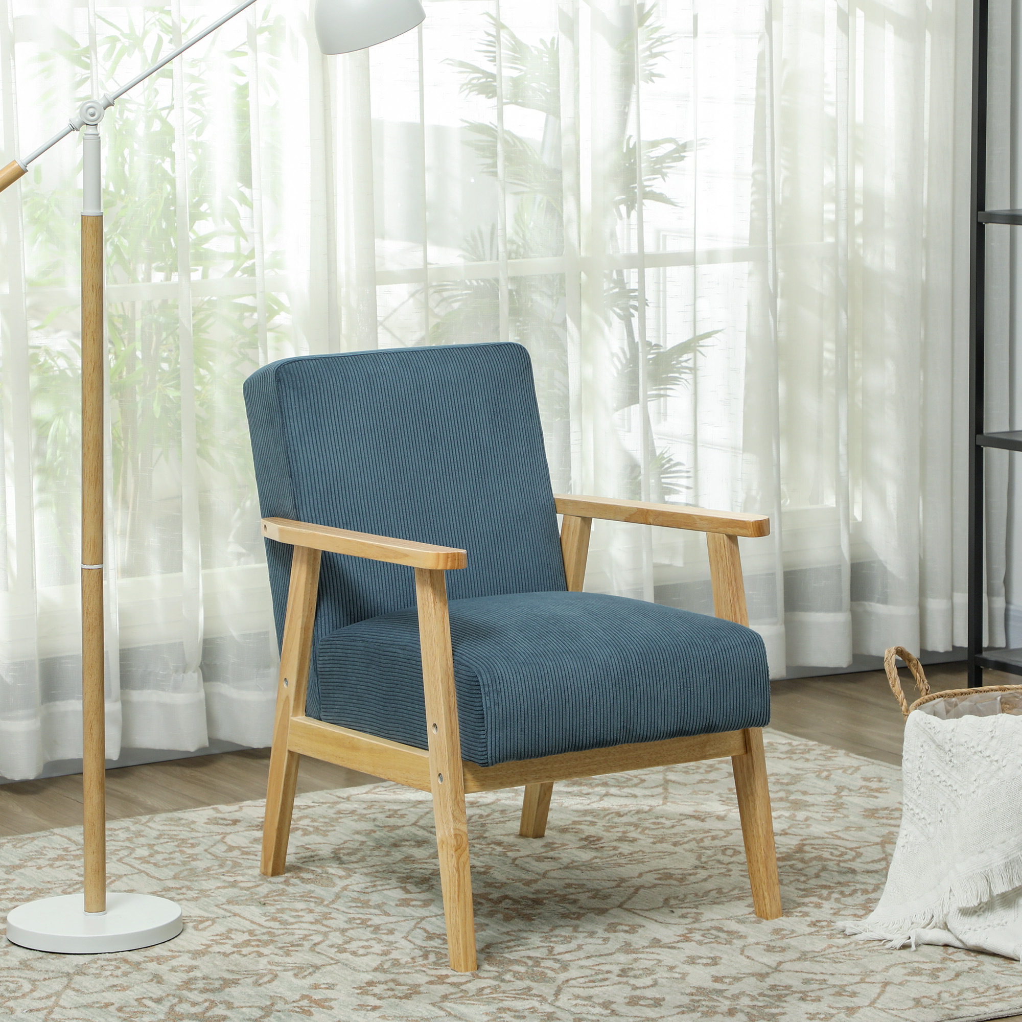 Fauteuil lounge style nordique bois hévéa velours côtelé bleu - 2