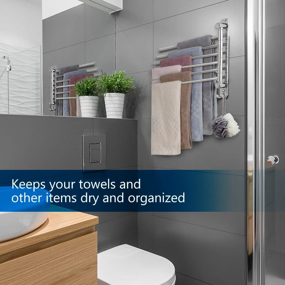 Wieszak na ręczniki do łazienki, obrotowy 180°, podwójny drążek ze stali nierdzewnej, sześć srebrnych drążków - 3