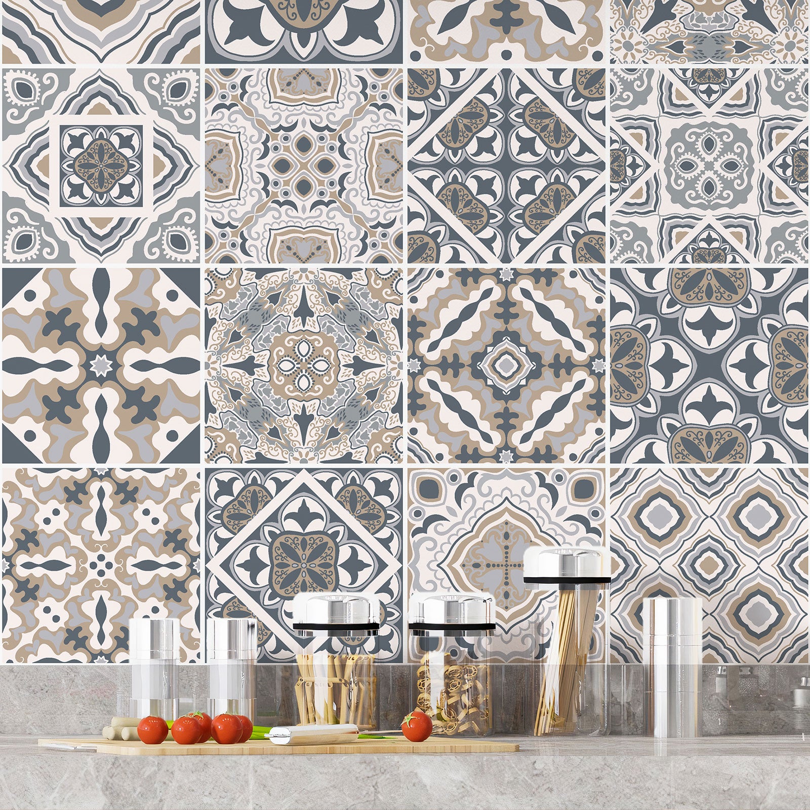 Crédence adhésive sticker décoratif pour cuisine - Effet carreaux de ciment - Adhésif BRILLANT - 60x60 cm - 4
