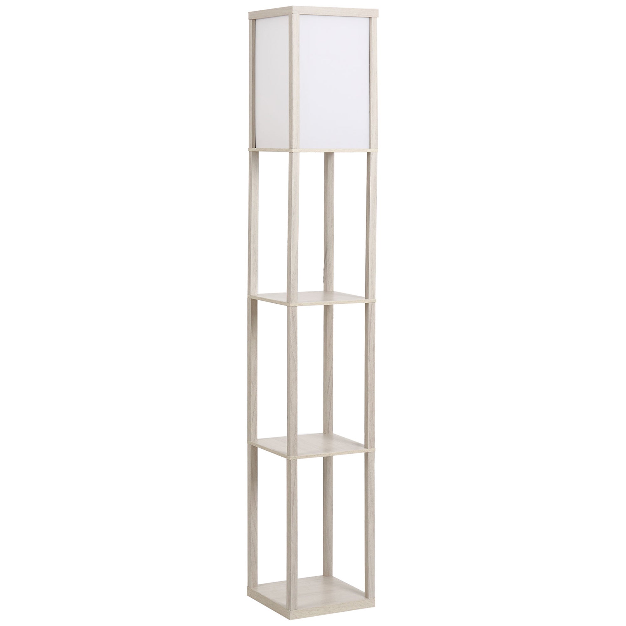 Lampa podłogowa z 3 półkami i tekstylnym kloszem, E27, maks. 40 W, elegancki design w drewnie i bieli, 160 cm