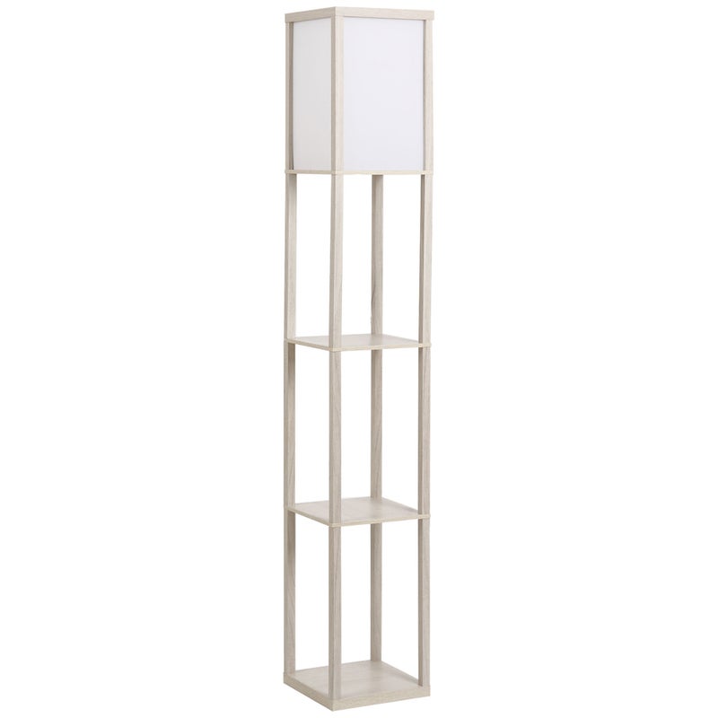 Lampa podłogowa z 3 półkami i tekstylnym kloszem, E27, maks. 40 W, elegancki design w drewnie i bieli, 160 cm