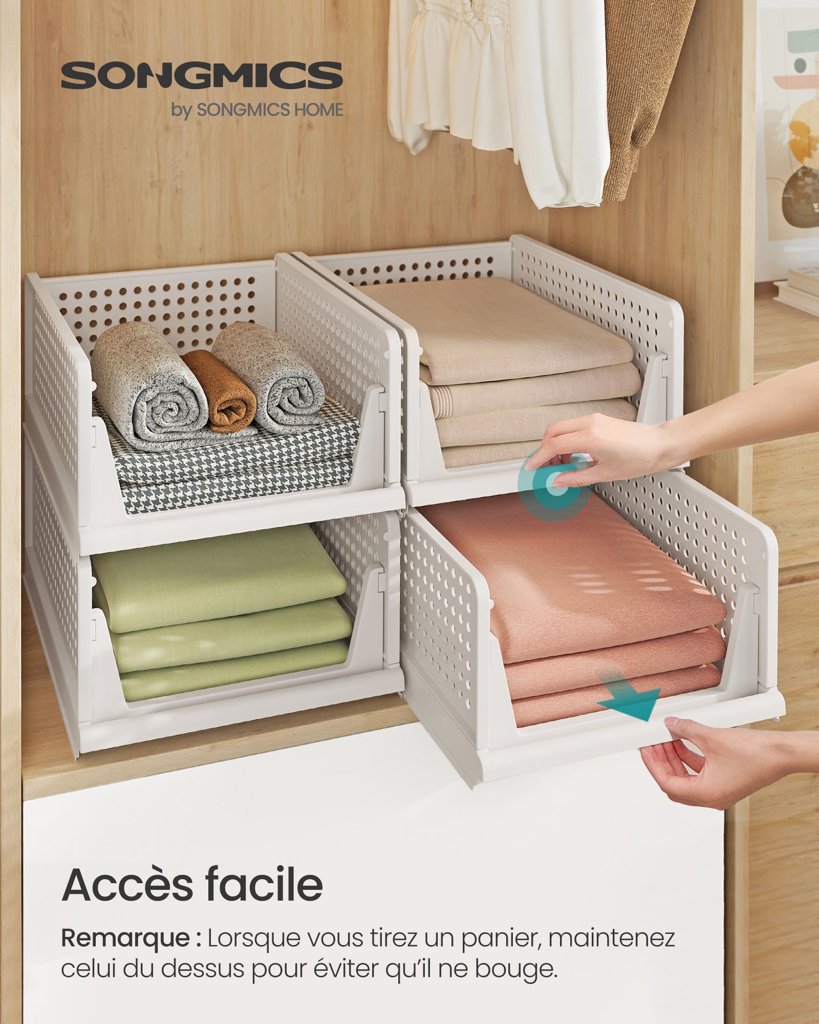 SONGMICS Organisateur d’Armoire Pliable, Tiroir Coulissant Empilable, Lot de 4, Blanc - 2