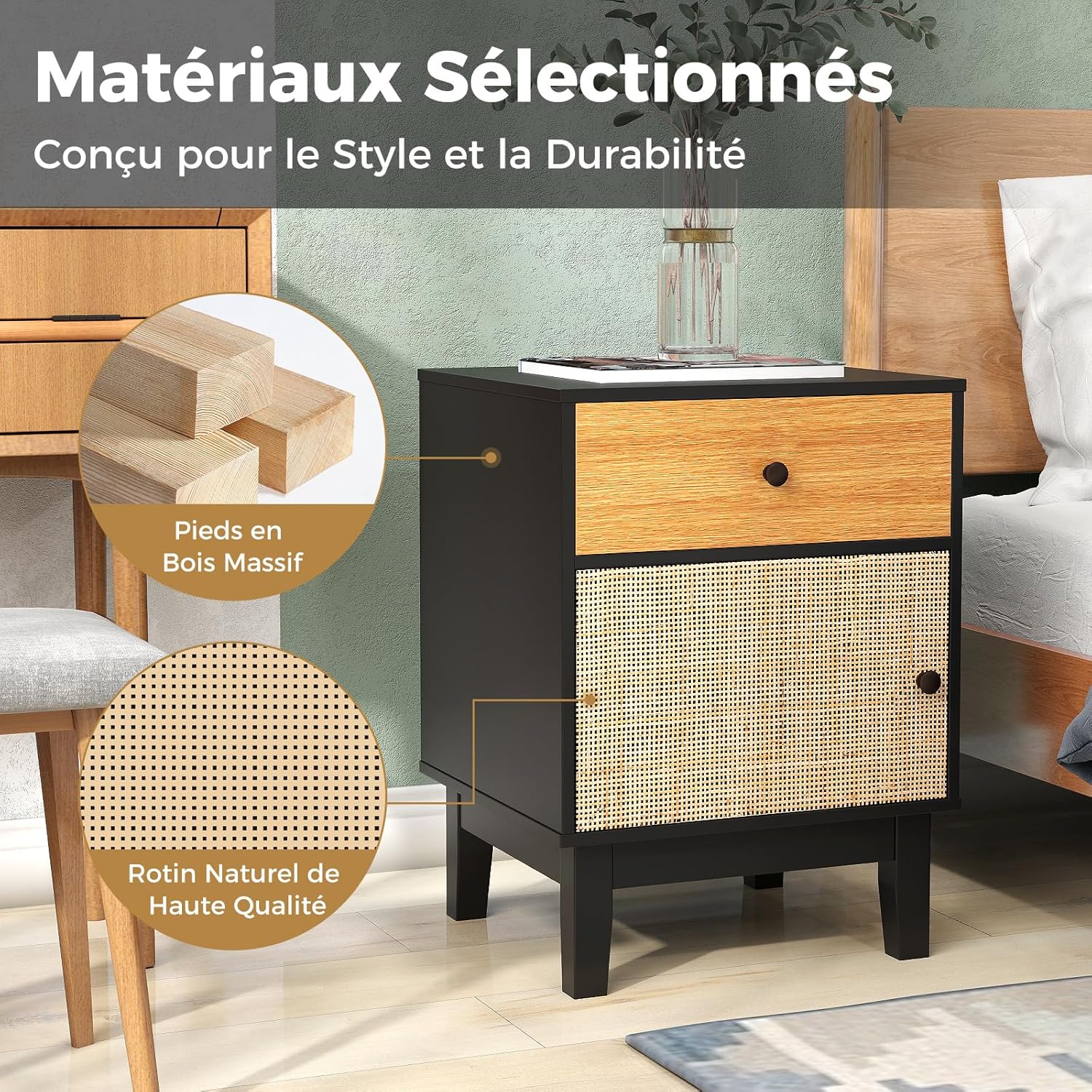 Comodino in Rattan 40 x 39 x 55 cm, Mobile Moderno con Cassetto, Armadietto e Gambe in Legno Massello, Tavolino in Stile Boemia per Camera da - 5